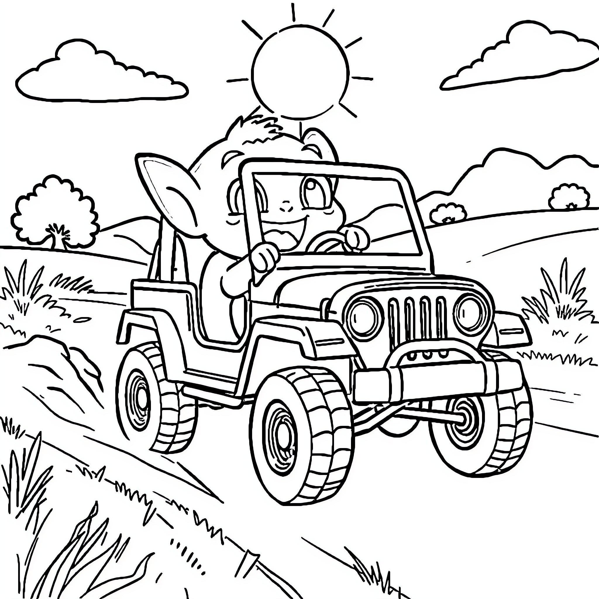 Bluey driving a jeep through the countryside Coloring Page (free black-and-white line drawing printable PDF for all, from beginners to advanced learners, including children, teens, adults, and seniors)