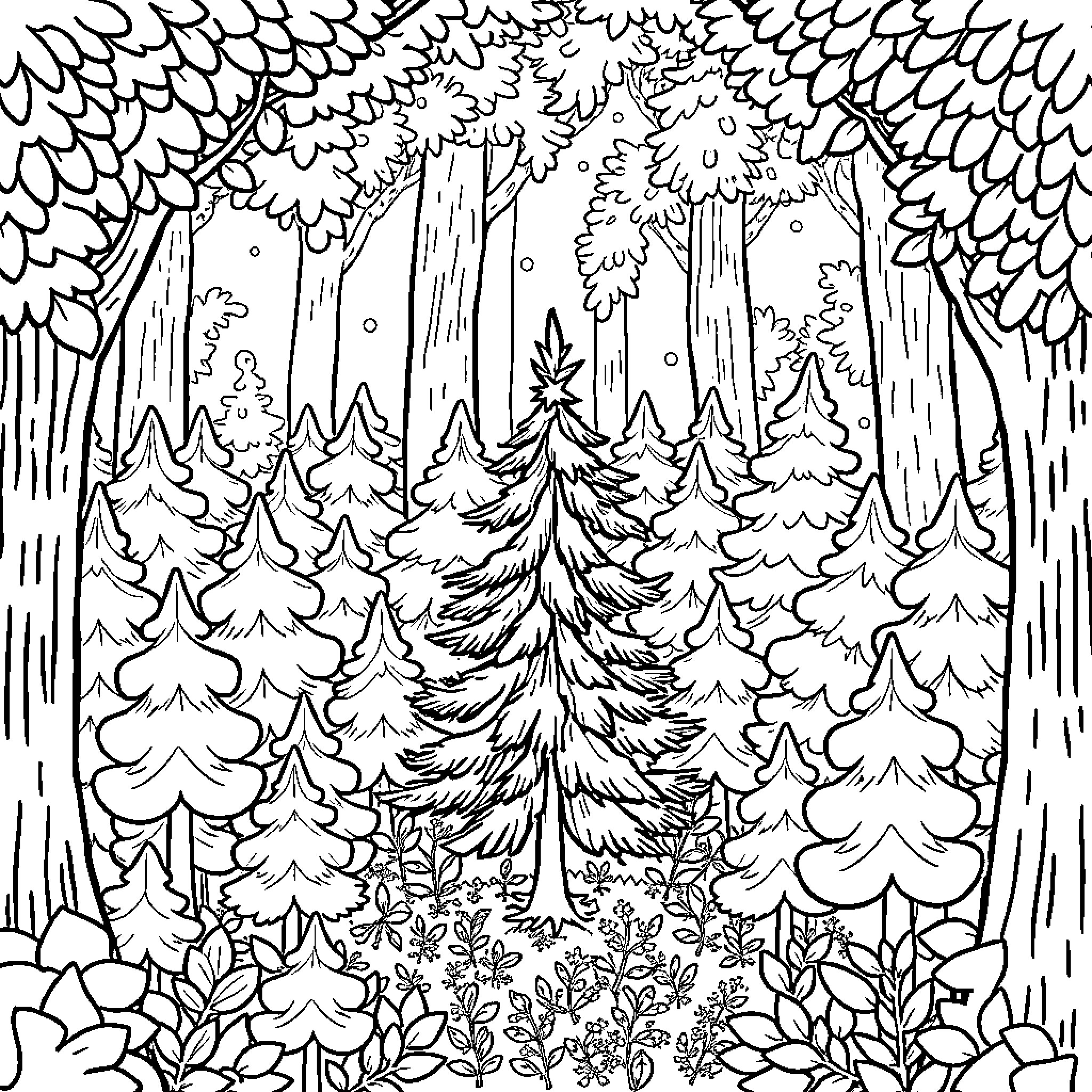 Tree-filled forest scene with flowers Coloring Page (free black-and-white line drawing printable PDF for all, from beginners to advanced learners, including children, teens, adults, and seniors)