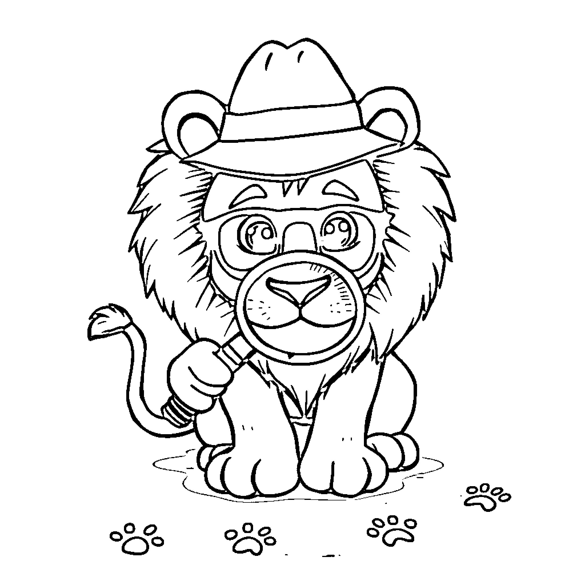 Lion wearing a cowboy hat and sitting on the ground Coloring Page (free black-and-white line drawing printable PDF for all, from beginners to advanced learners, including children, teens, adults, and seniors)