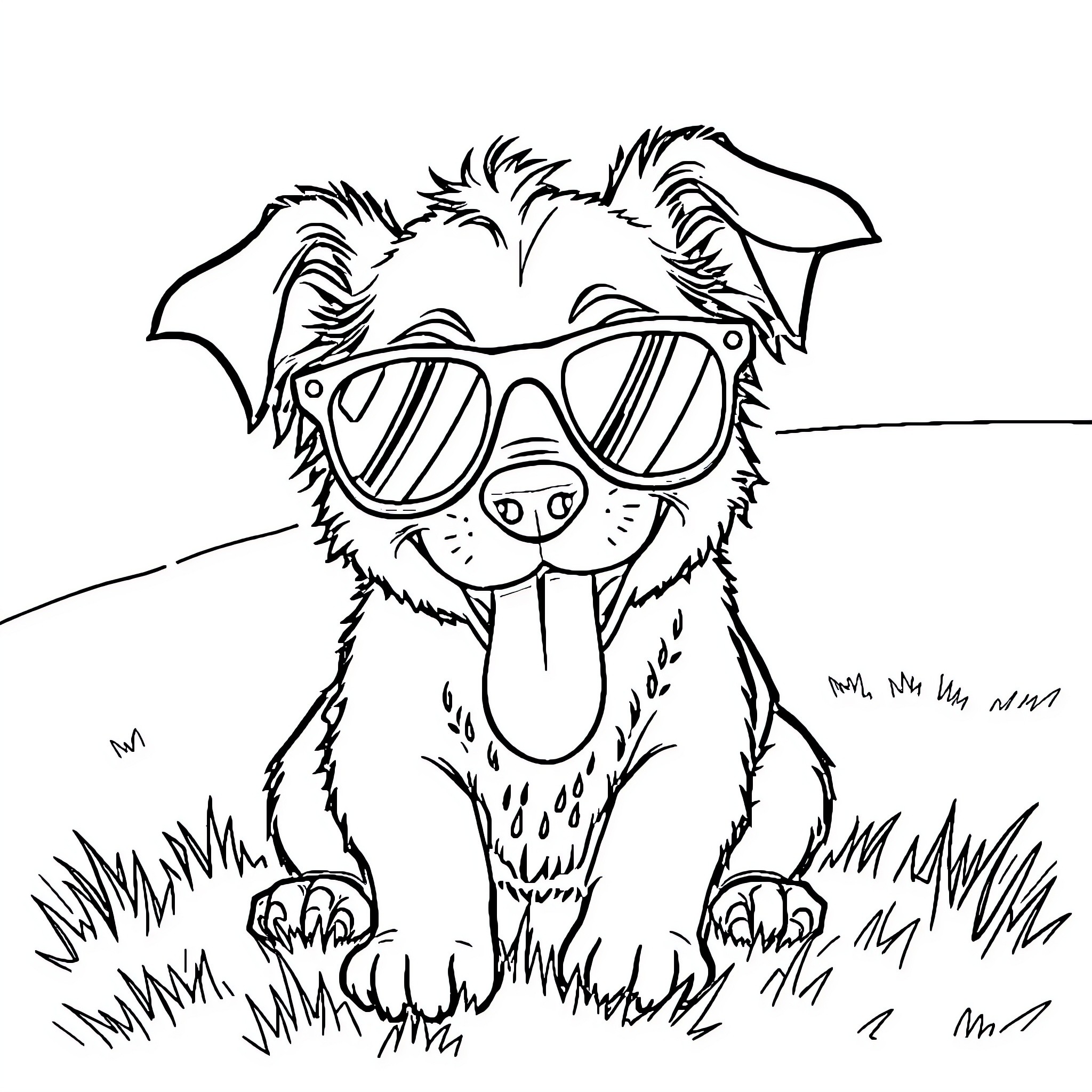 Dog wearing sunglasses in grassy field Coloring Page (free black-and-white line drawing printable PDF for all, from beginners to advanced learners, including children, teens, adults, and seniors)