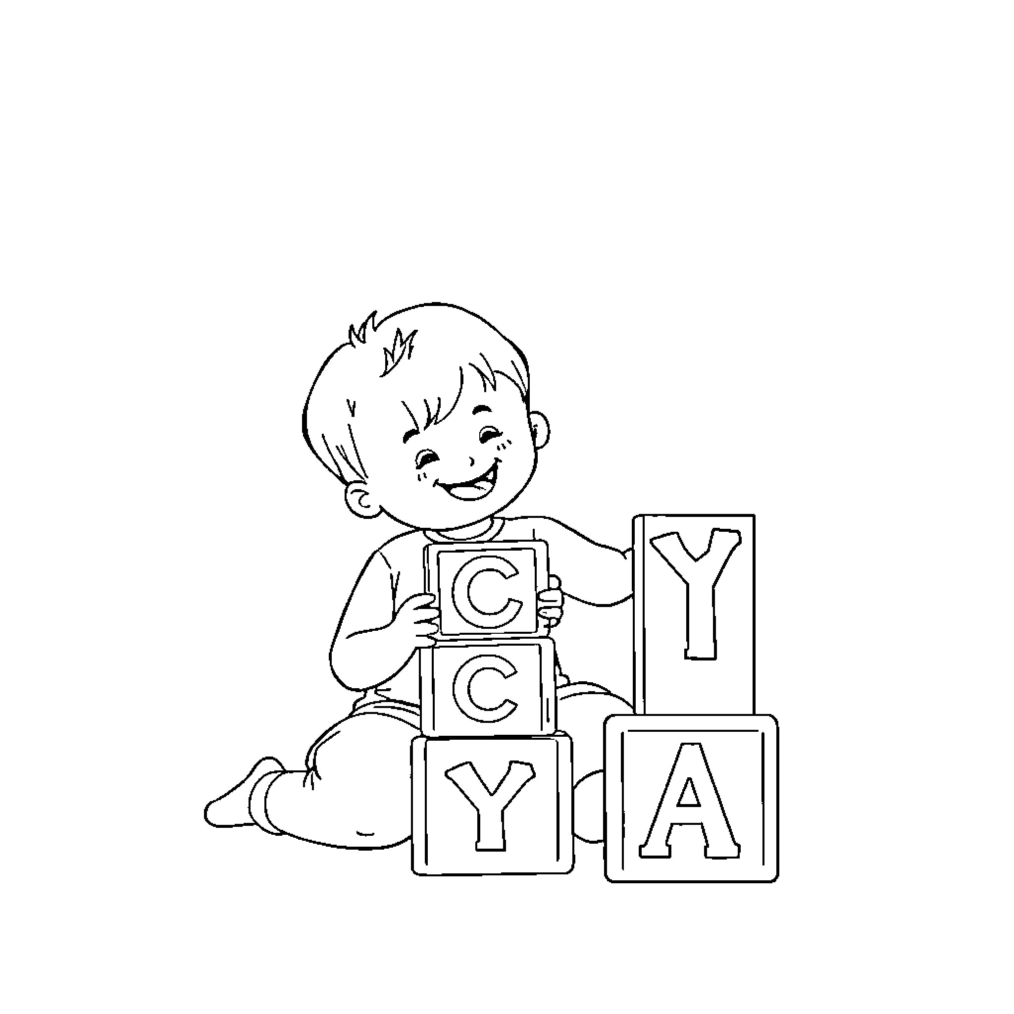 Child playing with alphabet blocks Coloring Page (free black-and-white line drawing printable PDF for all, from beginners to advanced learners, including children, teens, adults, and seniors)
