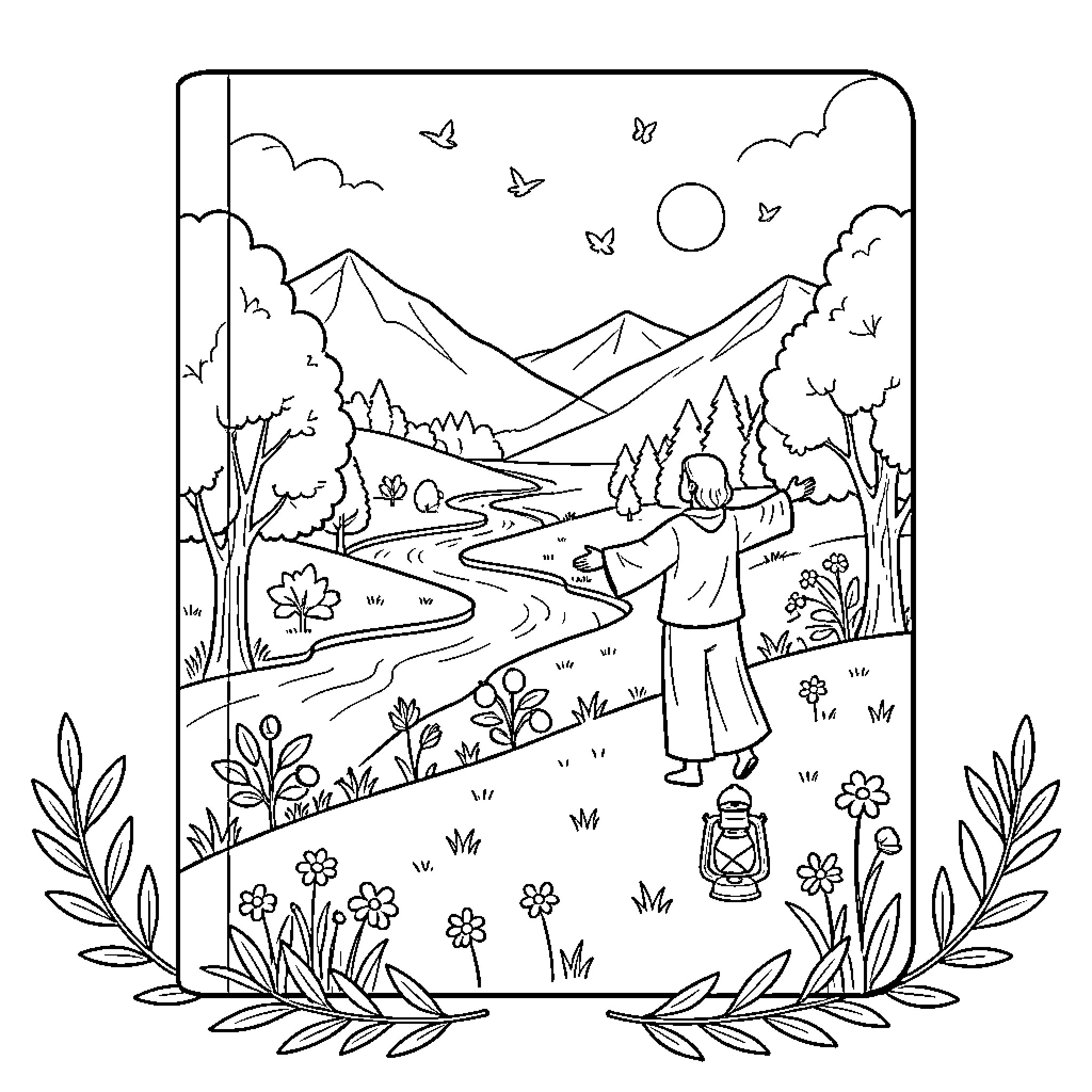 Person standing with arms outstretched in a mountain landscape Coloring Page (free black-and-white line drawing printable PDF for all, from beginners to advanced learners, including children, teens, adults, and seniors)