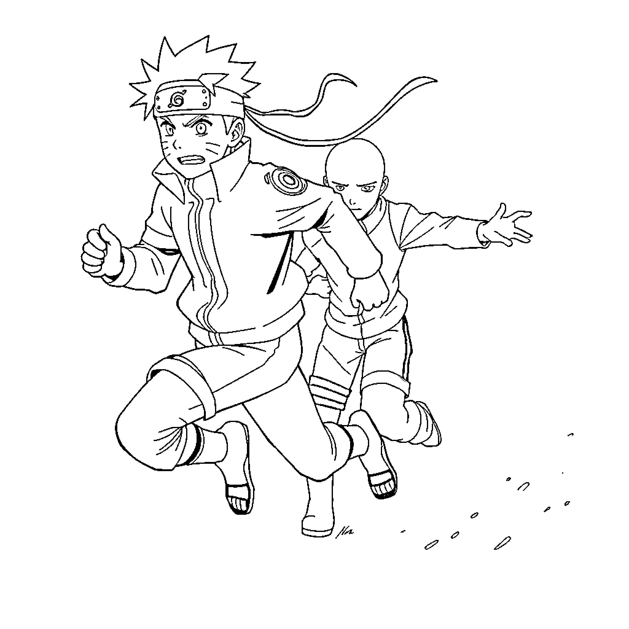 Naruto and Sasuke in combat action Coloring Page (free black-and-white line drawing printable PDF for all, from beginners to advanced learners, including children, teens, adults, and seniors)