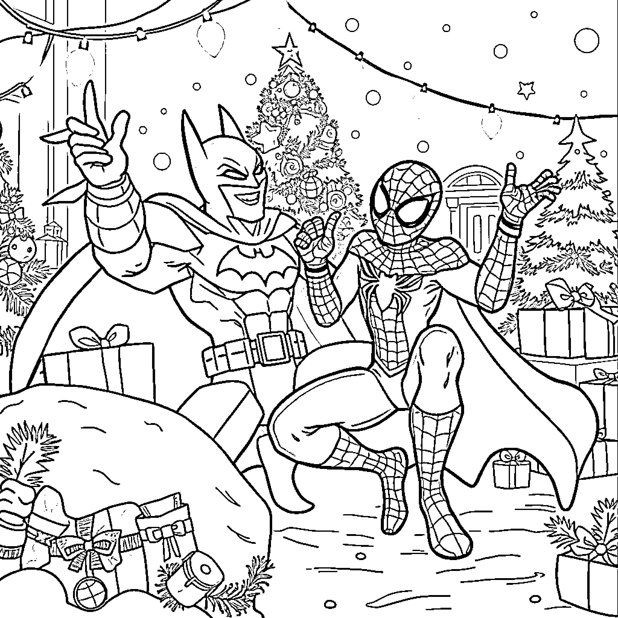 Batman and Spiderman Celebrate Christmas Together Coloring Page (free black-and-white line drawing printable PDF for all, from beginners to advanced learners, including children, teens, adults, and seniors)