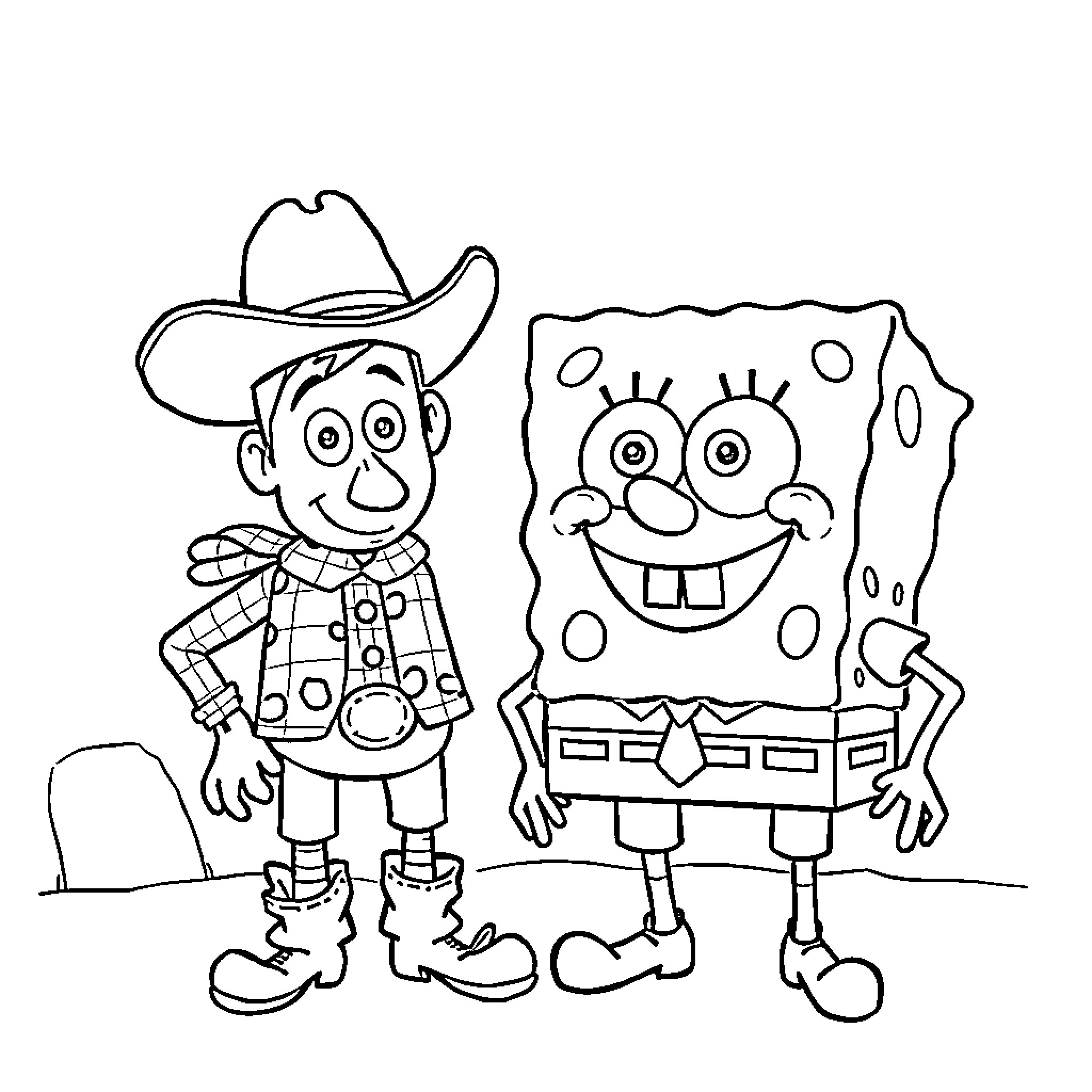 Spongebob and Cowboy Friend Sharing Laughter Coloring Page (free black-and-white line drawing printable PDF for all, from beginners to advanced learners, including children, teens, adults, and seniors)