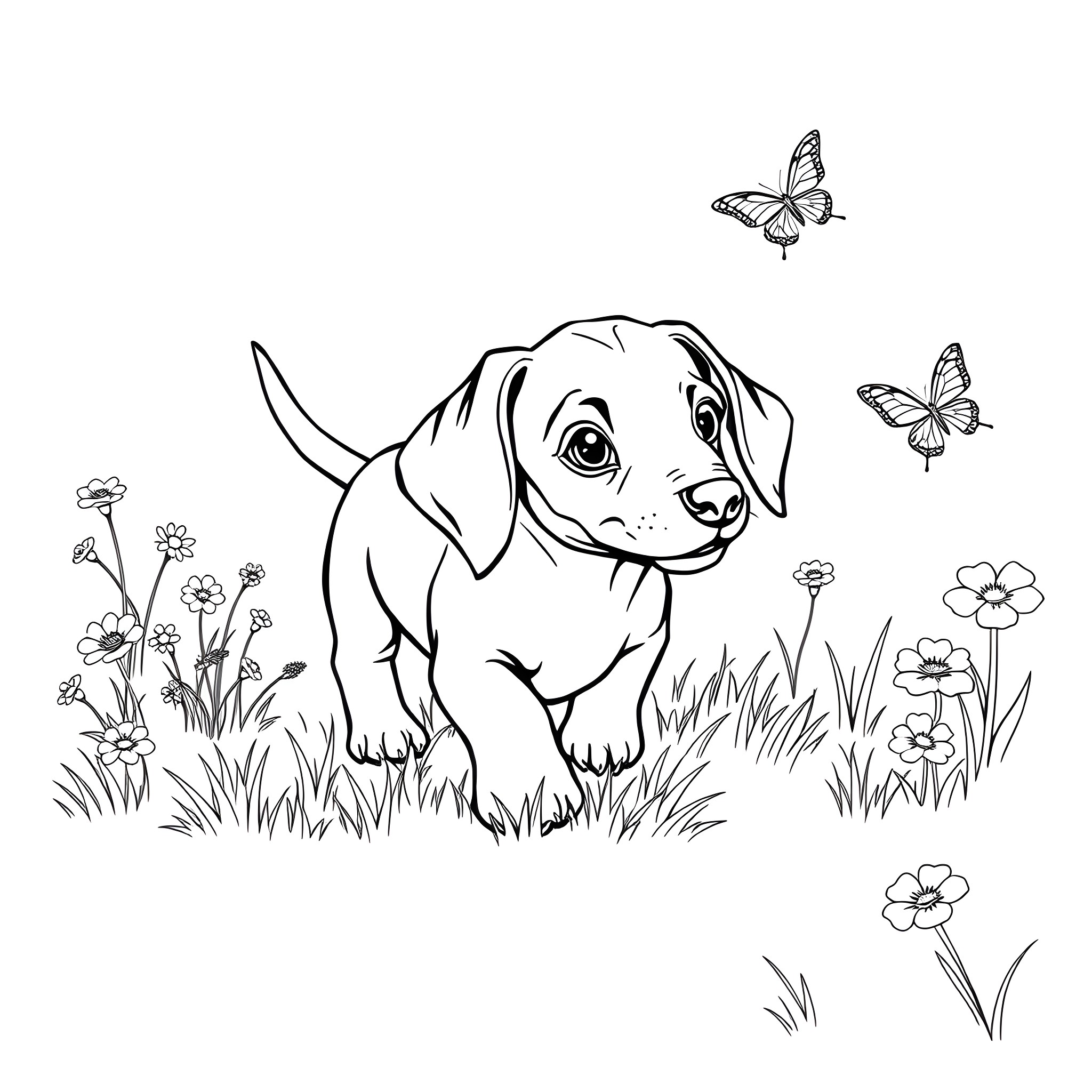 Dachshund Puppy Exploring Floral Garden Coloring Page (free black-and-white line drawing printable PDF for all, from beginners to advanced learners, including children, teens, adults, and seniors)