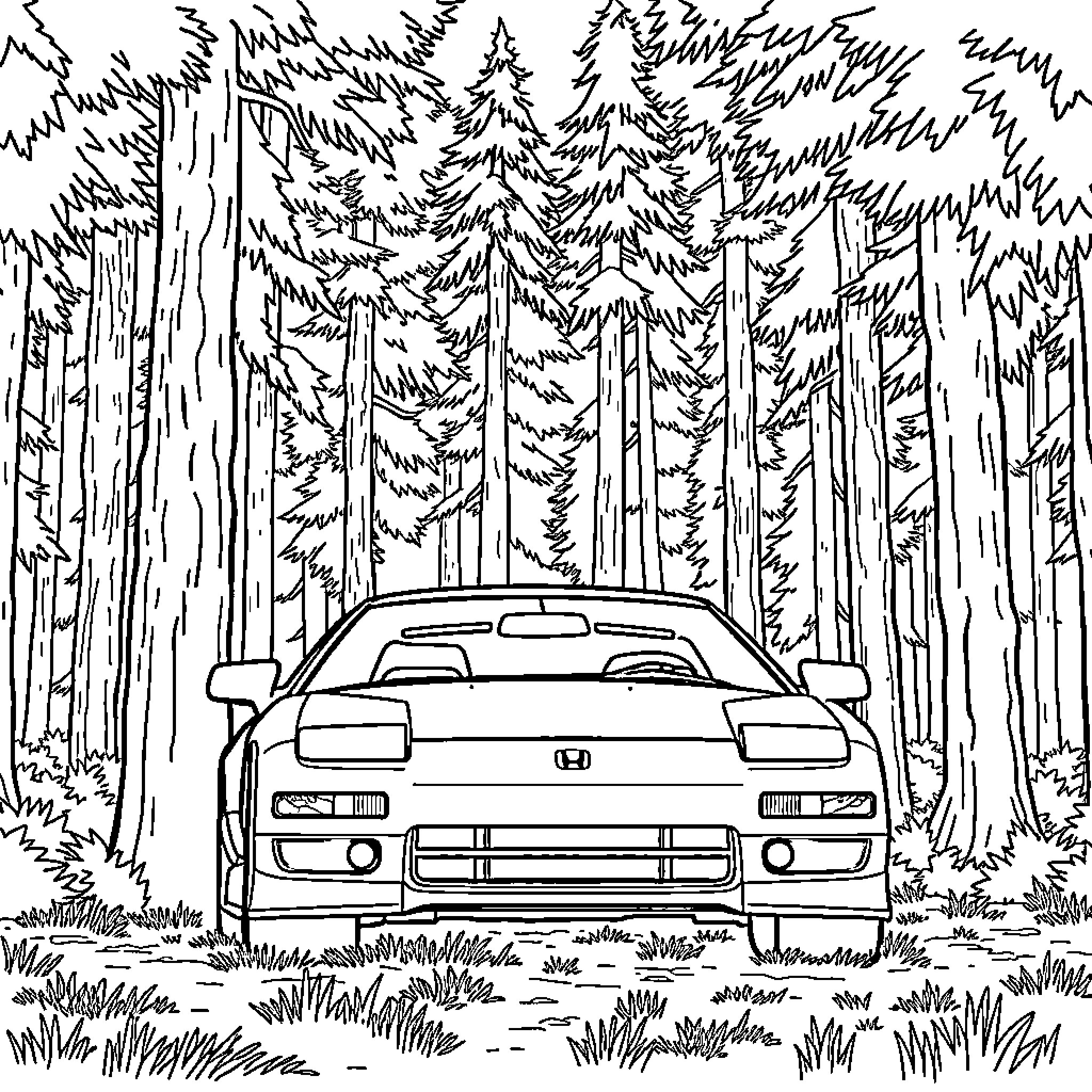 Honda Prelude driving through the forest Coloring Page (free black-and-white line drawing printable PDF for all, from beginners to advanced learners, including children, teens, adults, and seniors)