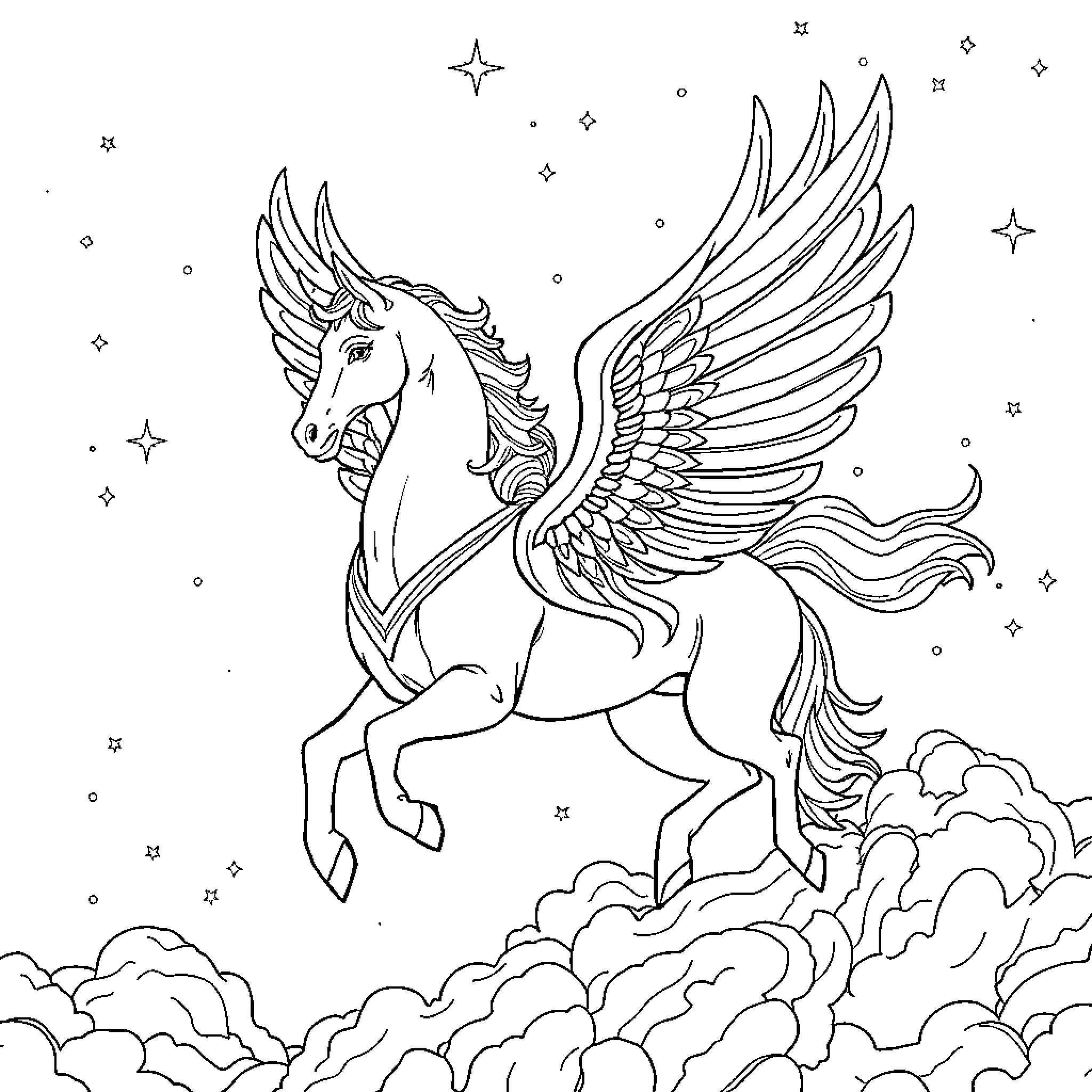 Pegasus soaring through the starry night sky Coloring Page (free black-and-white line drawing printable PDF for all, from beginners to advanced learners, including children, teens, adults, and seniors)