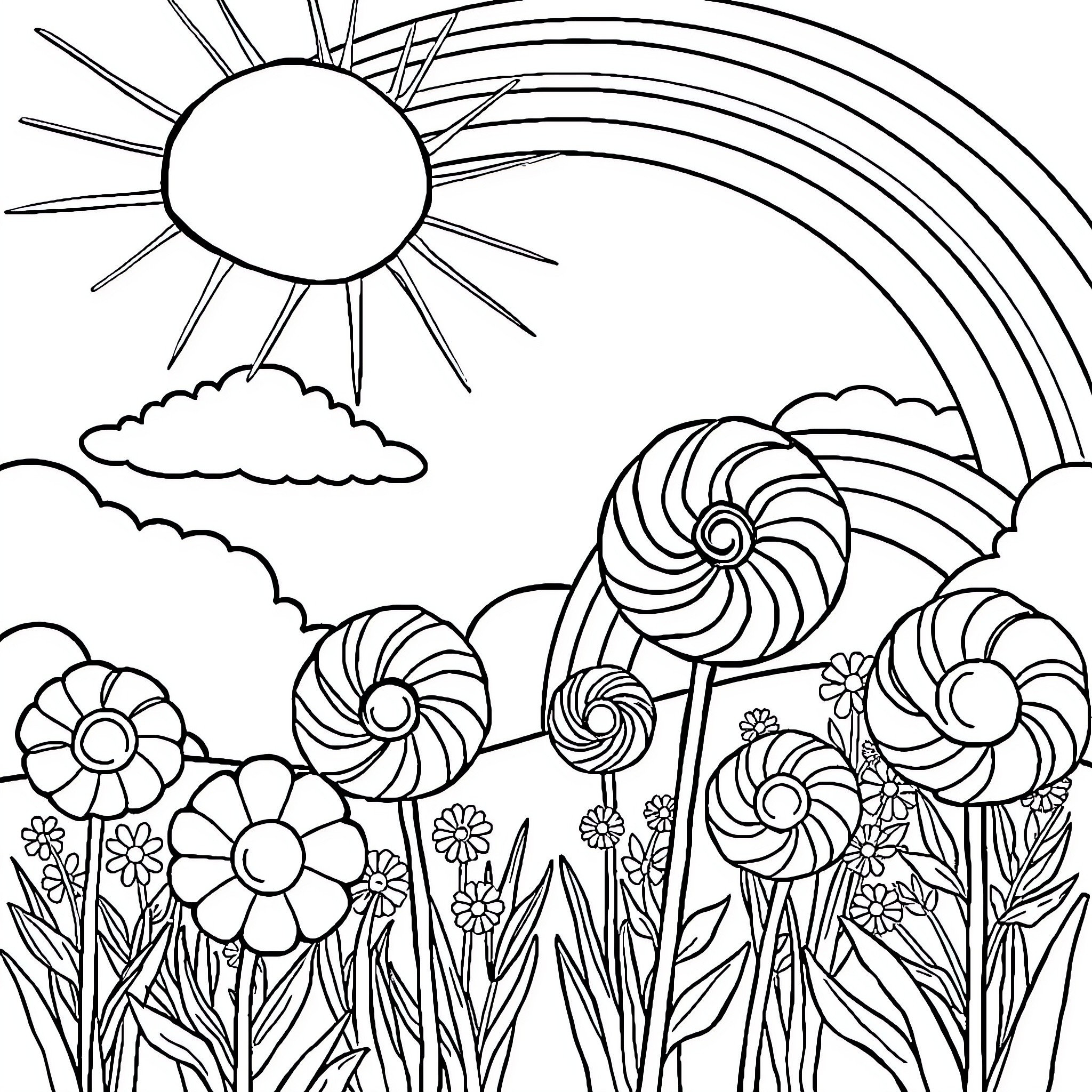 Rainbow Field of Whimsical Flowers Coloring Page (free black-and-white line drawing printable PDF for all, from beginners to advanced learners, including children, teens, adults, and seniors)