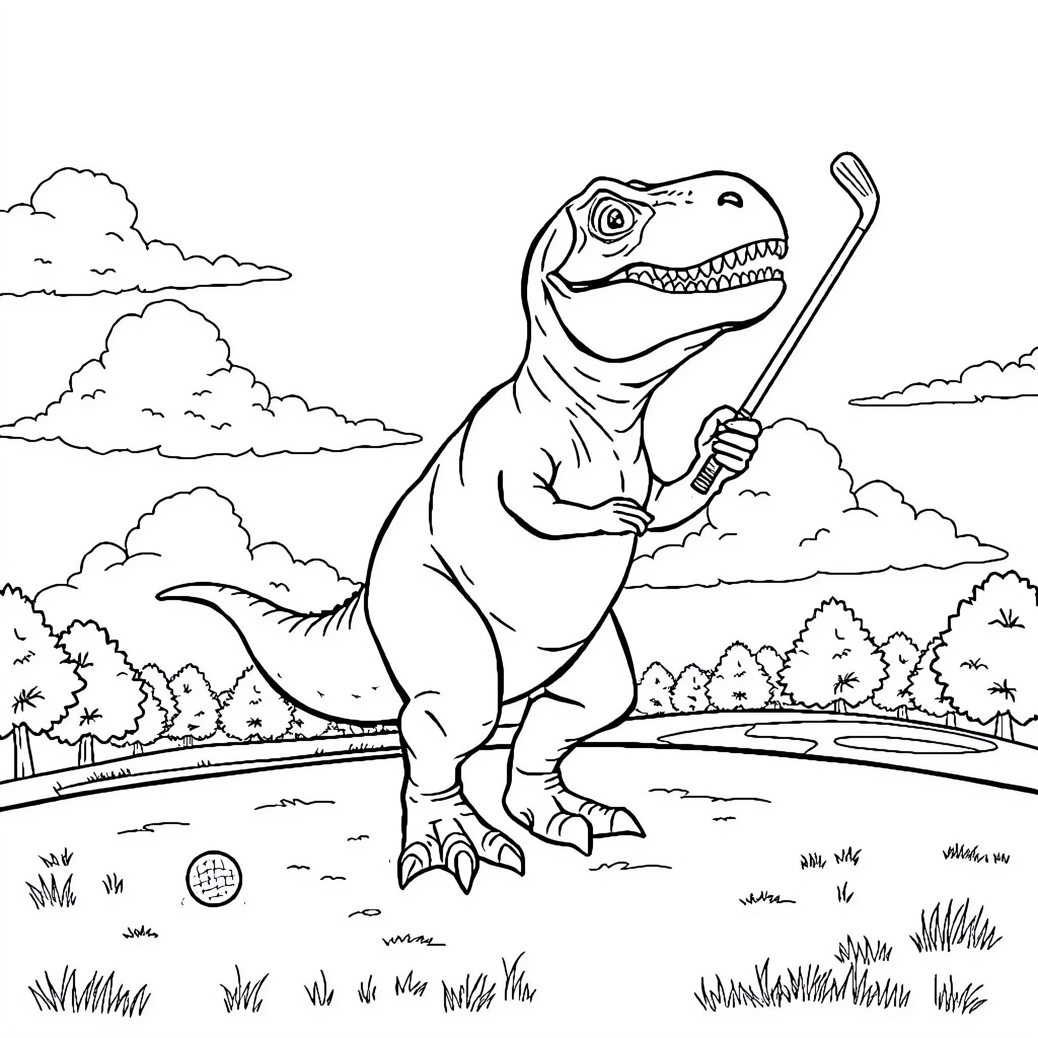 T-Rex playing with a baseball bat in a natural setting Coloring Page (free black-and-white line drawing printable PDF for all, from beginners to advanced learners, including children, teens, adults, and seniors)