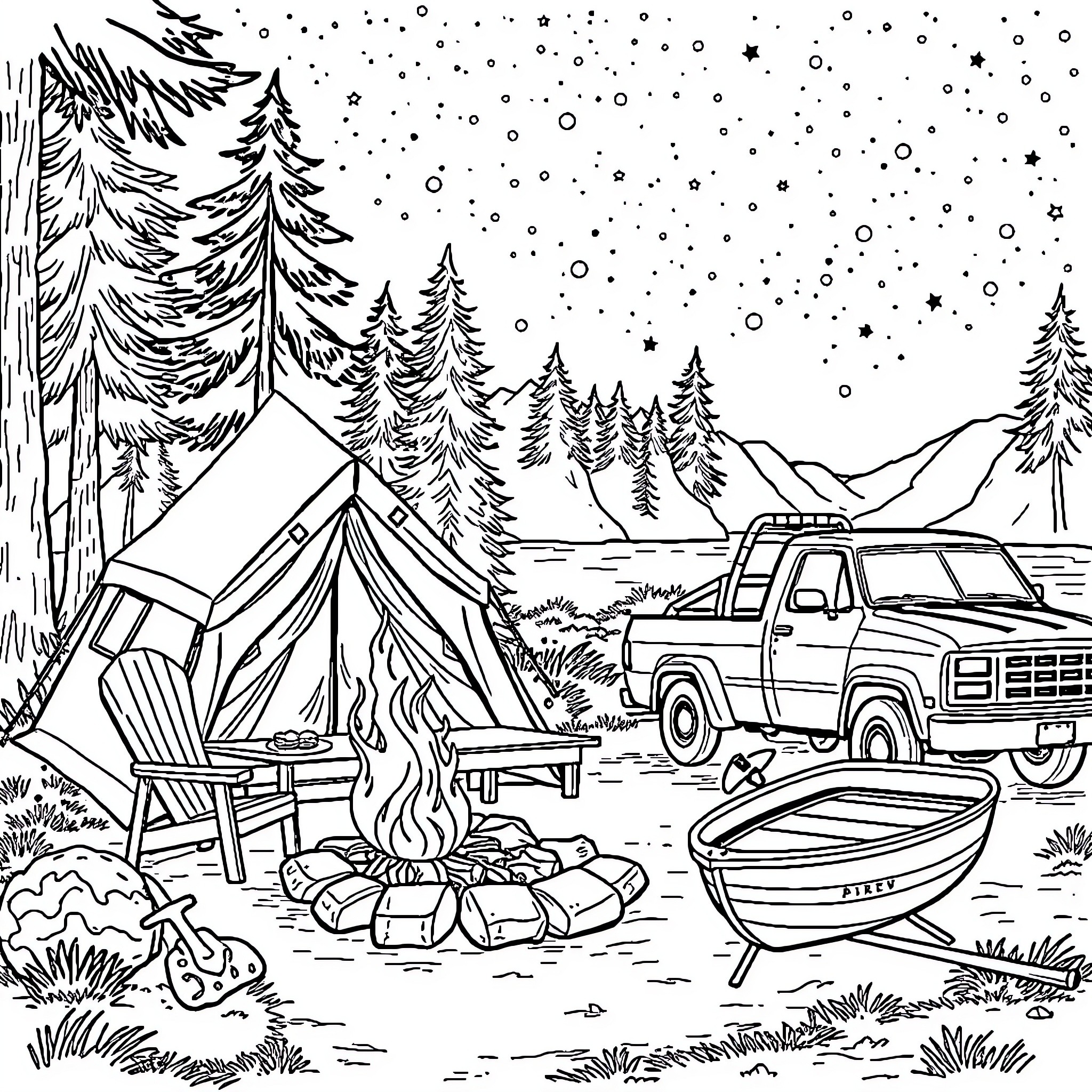 Camping under the starry night in the wilderness Coloring Page (free black-and-white line drawing printable PDF for all, from beginners to advanced learners, including children, teens, adults, and seniors)