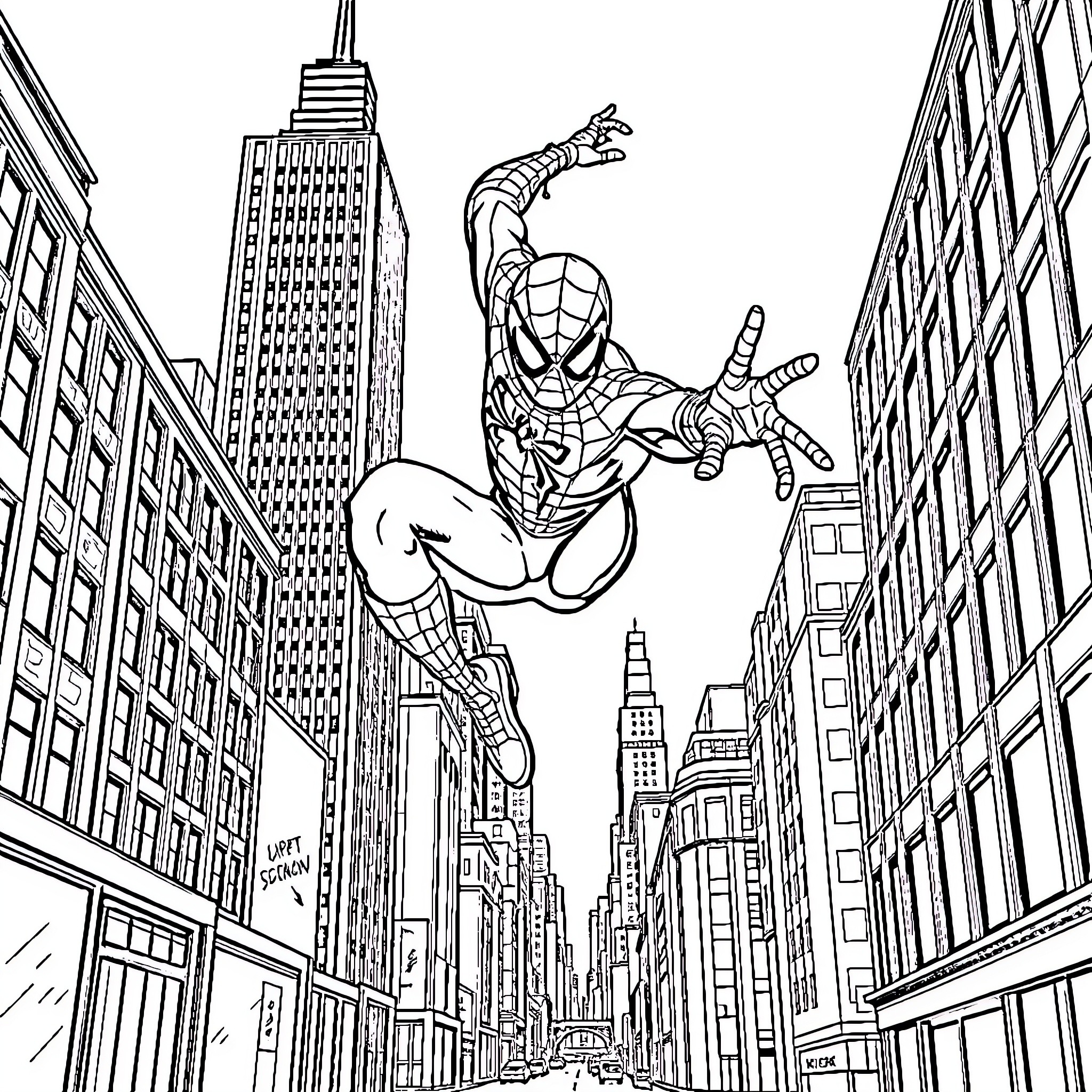 Spider-Man swinging through the city skyline Coloring Page (free black-and-white line drawing printable PDF for all, from beginners to advanced learners, including children, teens, adults, and seniors)