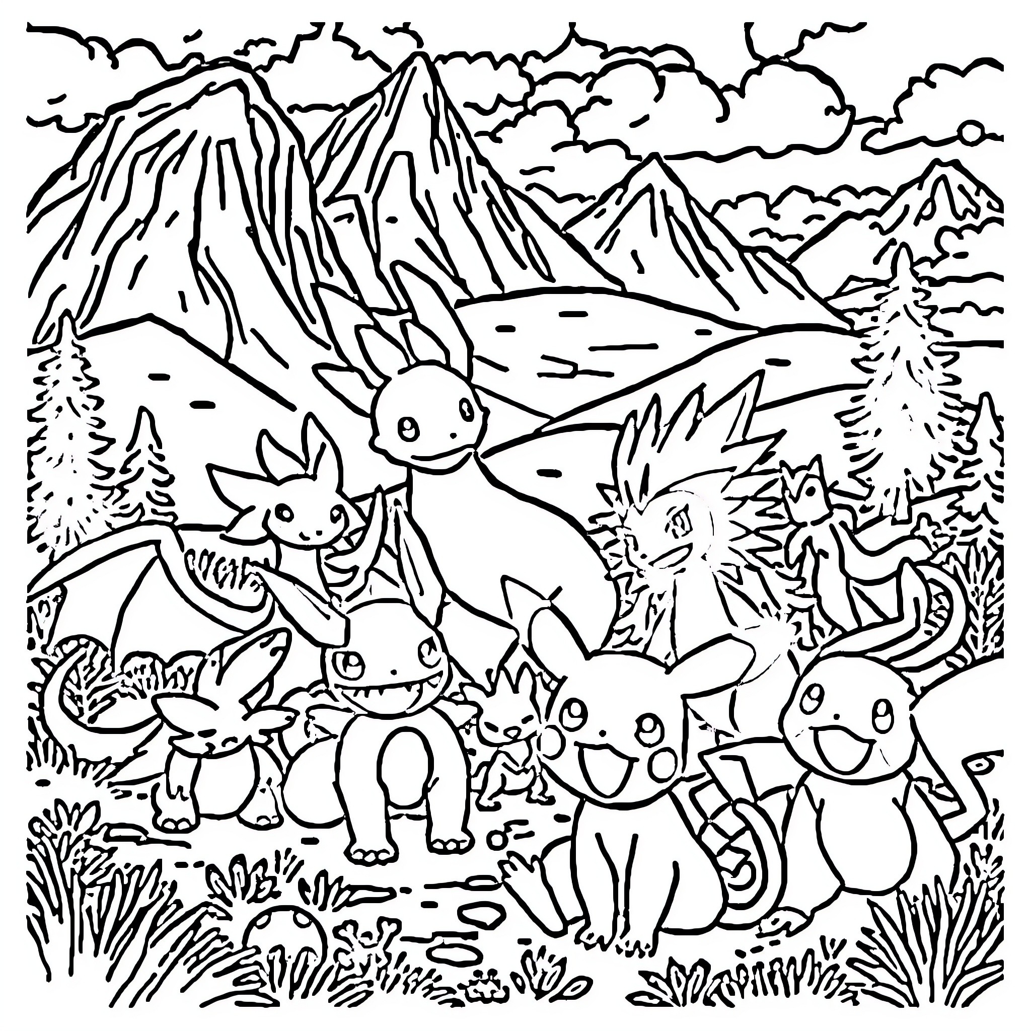 Pokémon playing in the mountainous landscape Coloring Page (free black-and-white line drawing printable PDF for all, from beginners to advanced learners, including children, teens, adults, and seniors)
