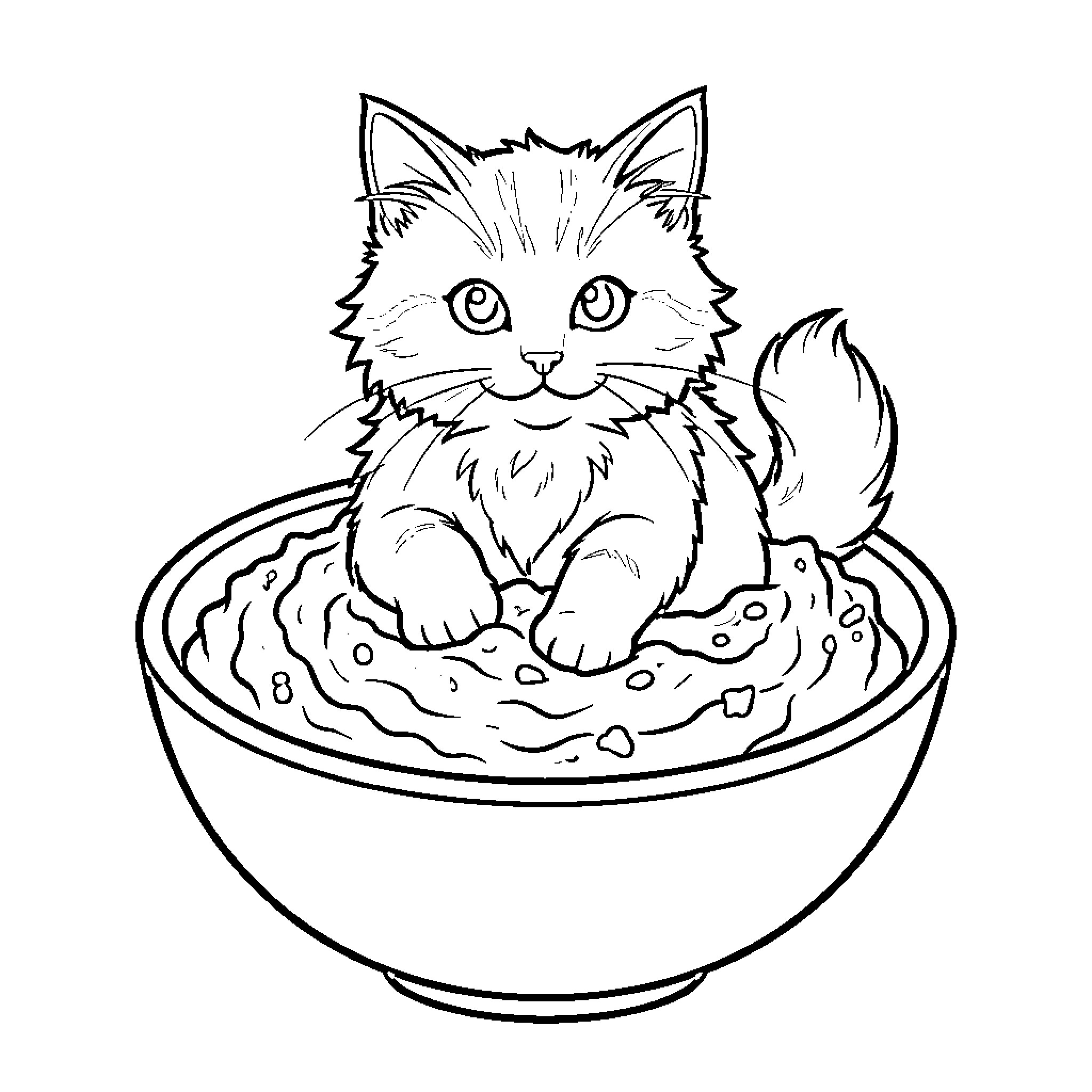 Cat sitting in a bowl of noodles Coloring Page (free black-and-white line drawing printable PDF for all, from beginners to advanced learners, including children, teens, adults, and seniors)