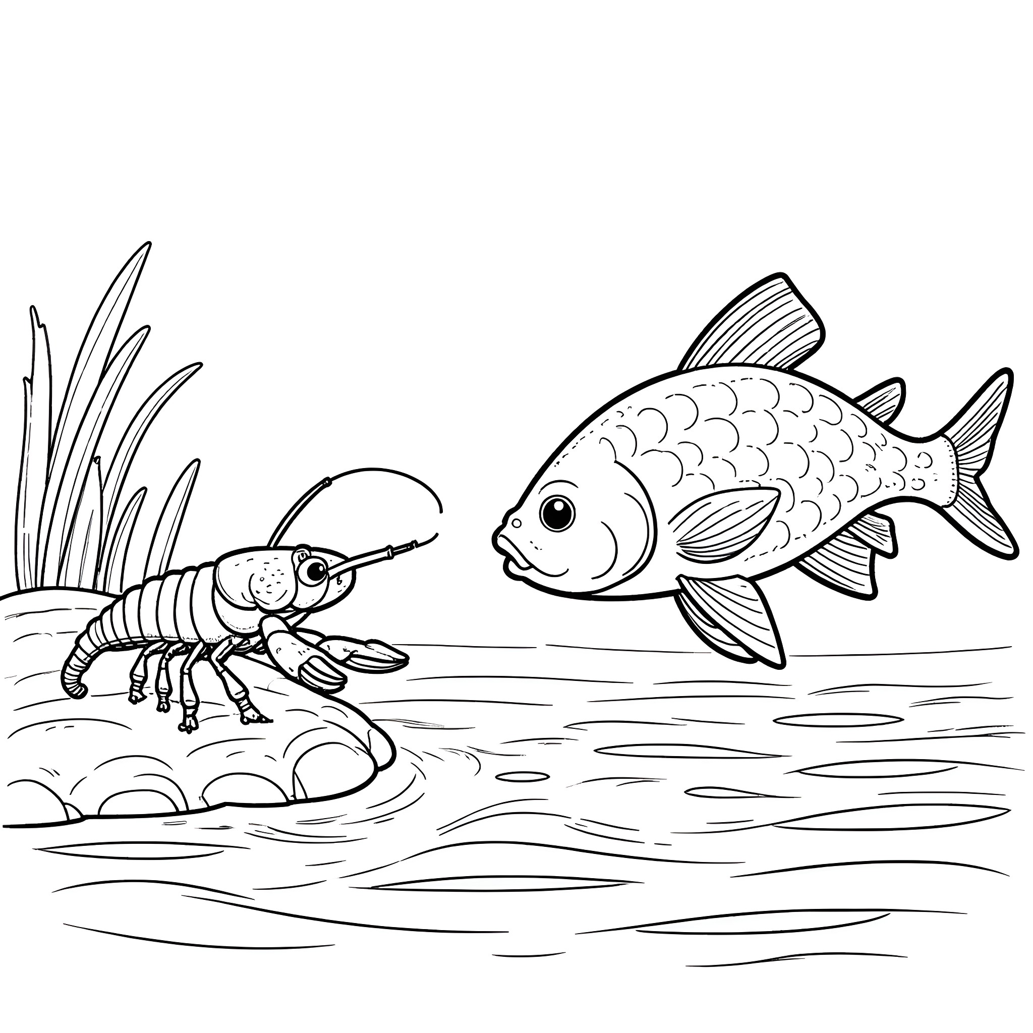 Fish swimming with shrimp in the water Coloring Page (free black-and-white line drawing printable PDF for all, from beginners to advanced learners, including children, teens, adults, and seniors)