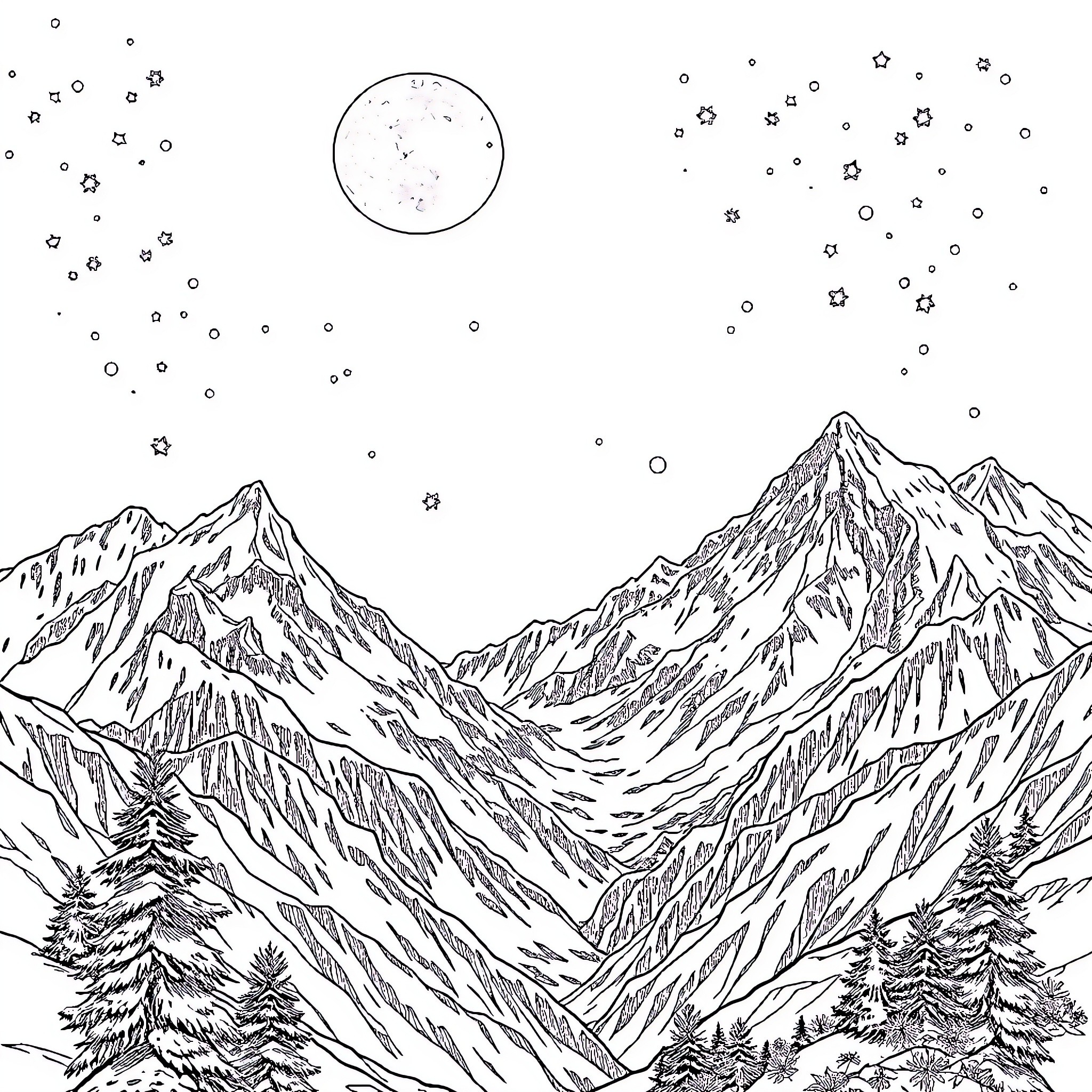 Himalayas under the starry night sky Coloring Page (free black-and-white line drawing printable PDF for all, from beginners to advanced learners, including children, teens, adults, and seniors)