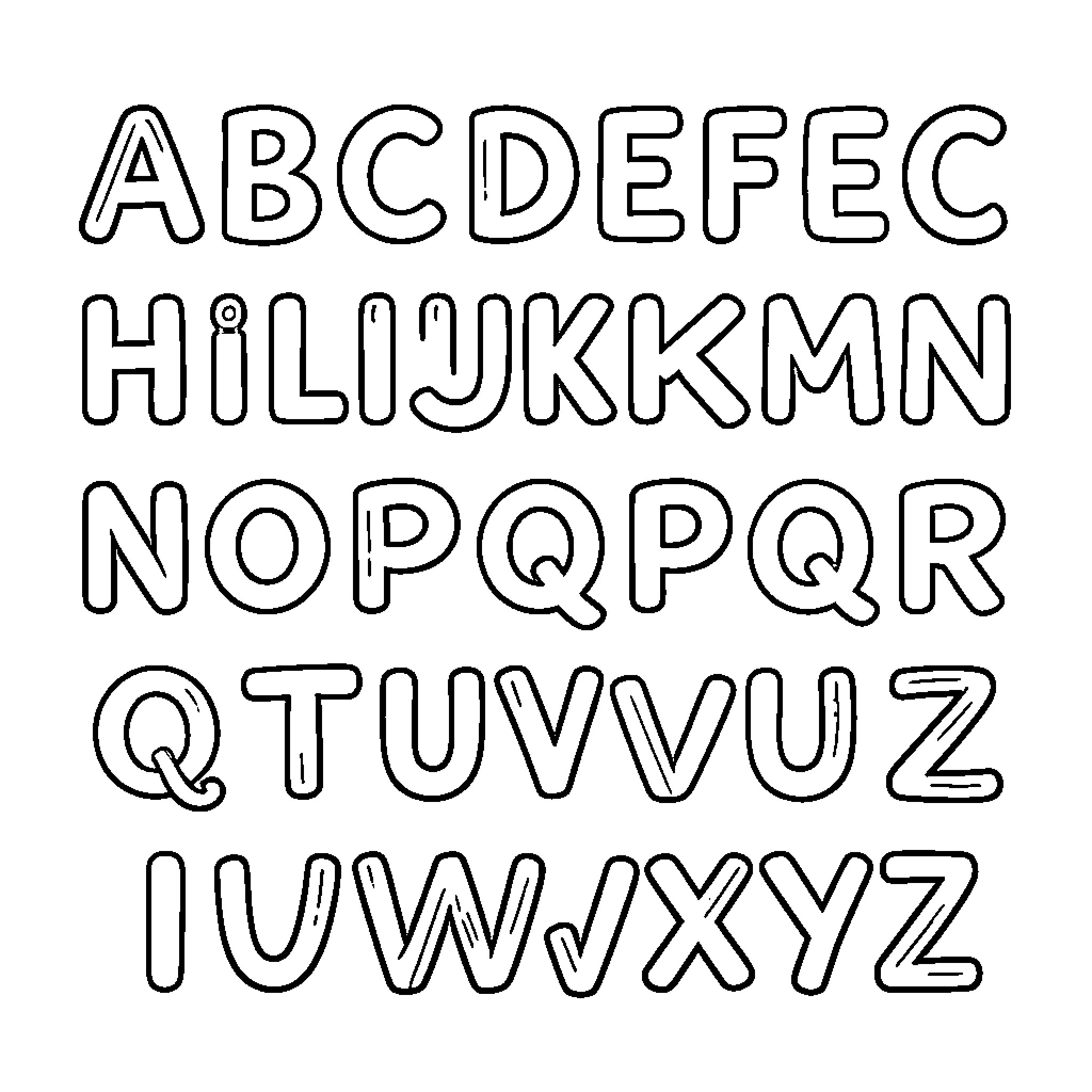 Alphabet of Whimsical Shapes and Designs Coloring Page (free black-and-white line drawing printable PDF for all, from beginners to advanced learners, including children, teens, adults, and seniors)