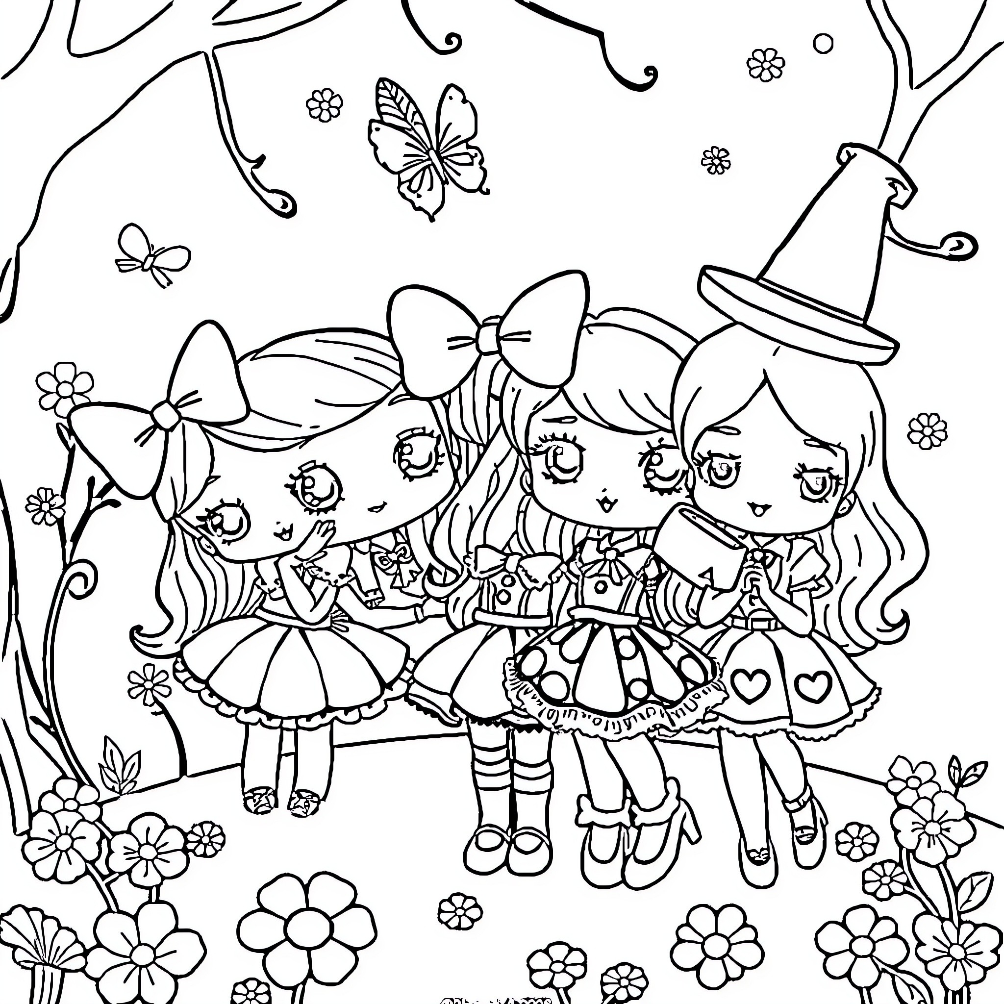 Alice and her Friends in a Whimsical Wonderland Coloring Page (free black-and-white line drawing printable PDF for all, from beginners to advanced learners, including children, teens, adults, and seniors)