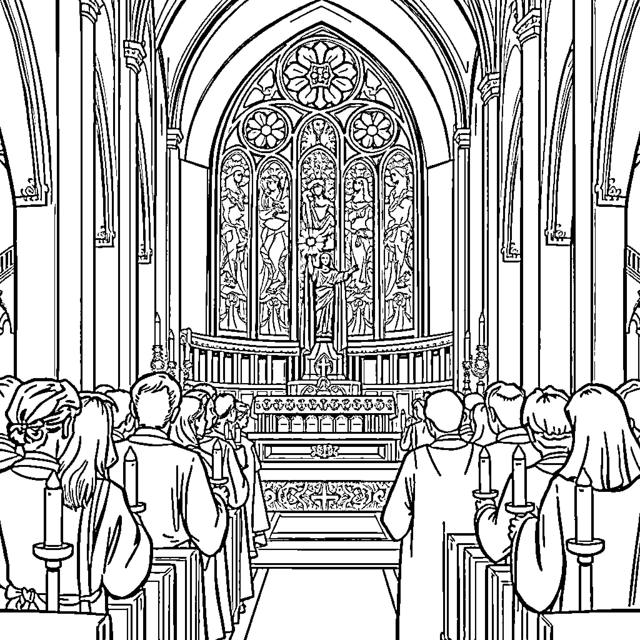 Mass gathering in a grand cathedral Coloring Page (free black-and-white line drawing printable PDF for all, from beginners to advanced learners, including children, teens, adults, and seniors)