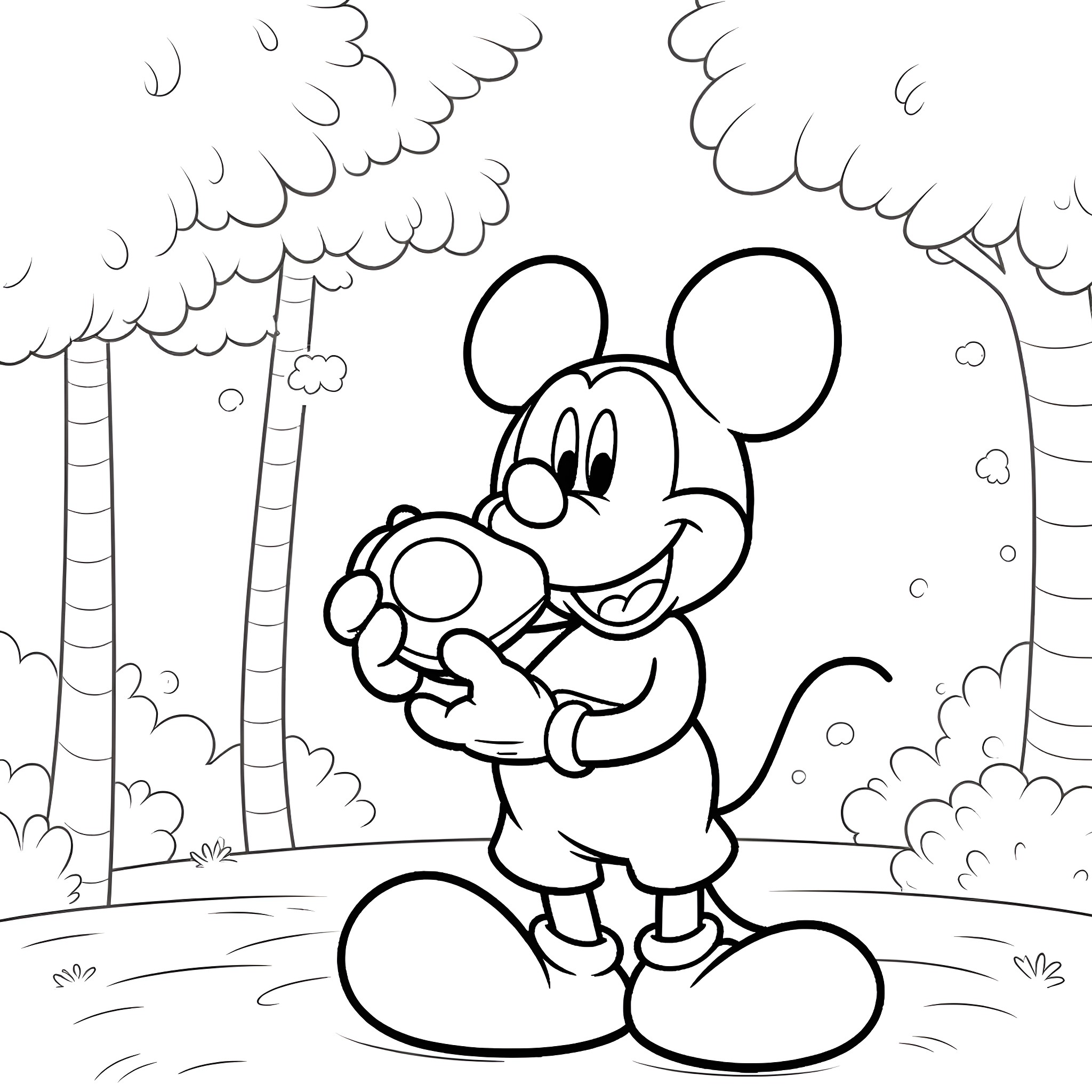 Mickey Mouse playing happily in the winter wonderland Coloring Page (free black-and-white line drawing printable PDF for all, from beginners to advanced learners, including children, teens, adults, and seniors)