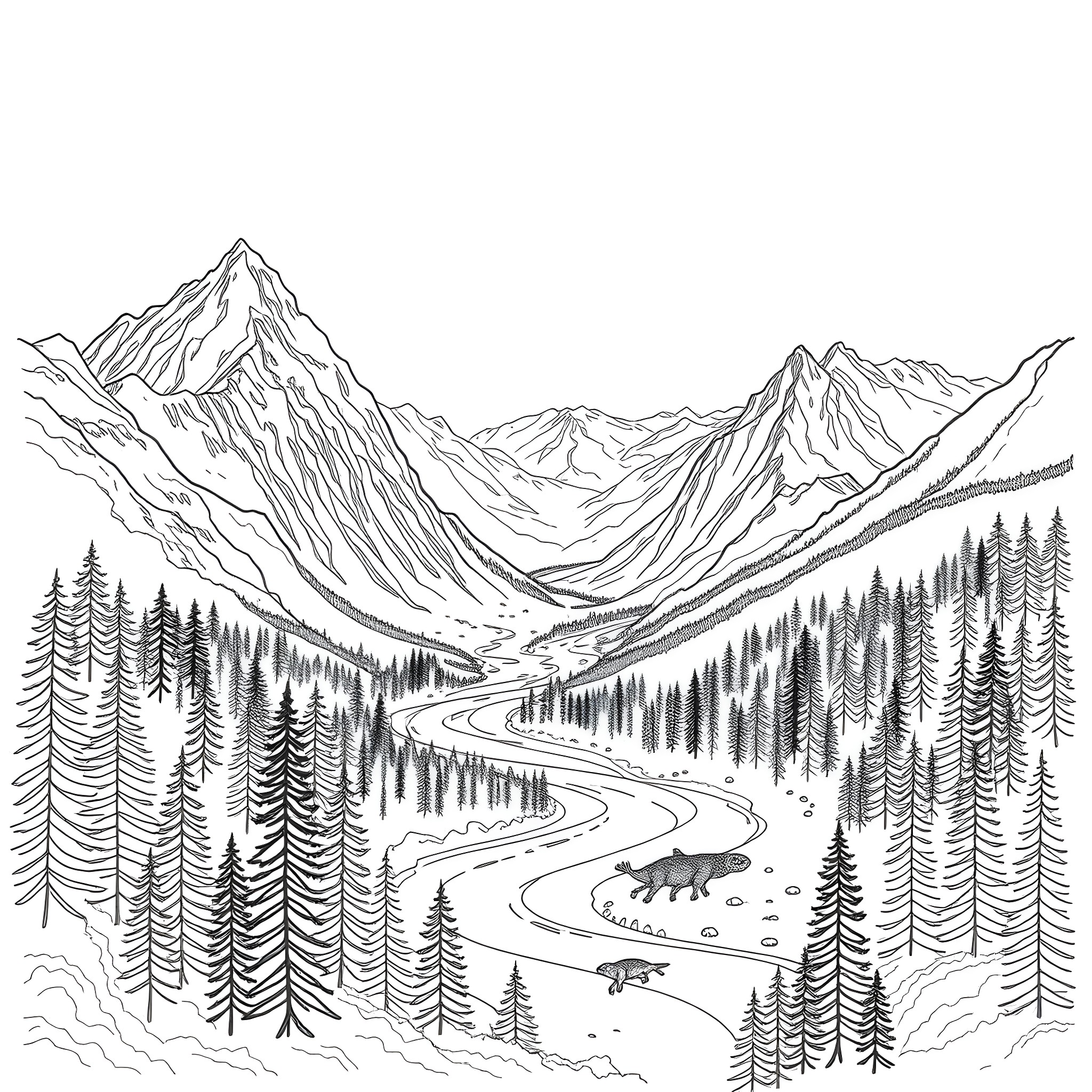 Mountain landscape with winding road and forest Coloring Page (free black-and-white line drawing printable PDF for all, from beginners to advanced learners, including children, teens, adults, and seniors)