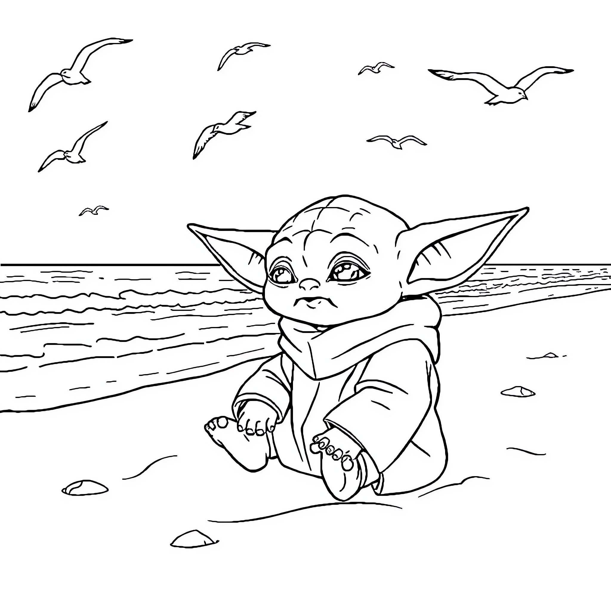 Baby Yoda playing happily on the beach Coloring Page (free black-and-white line drawing printable PDF for all, from beginners to advanced learners, including children, teens, adults, and seniors)