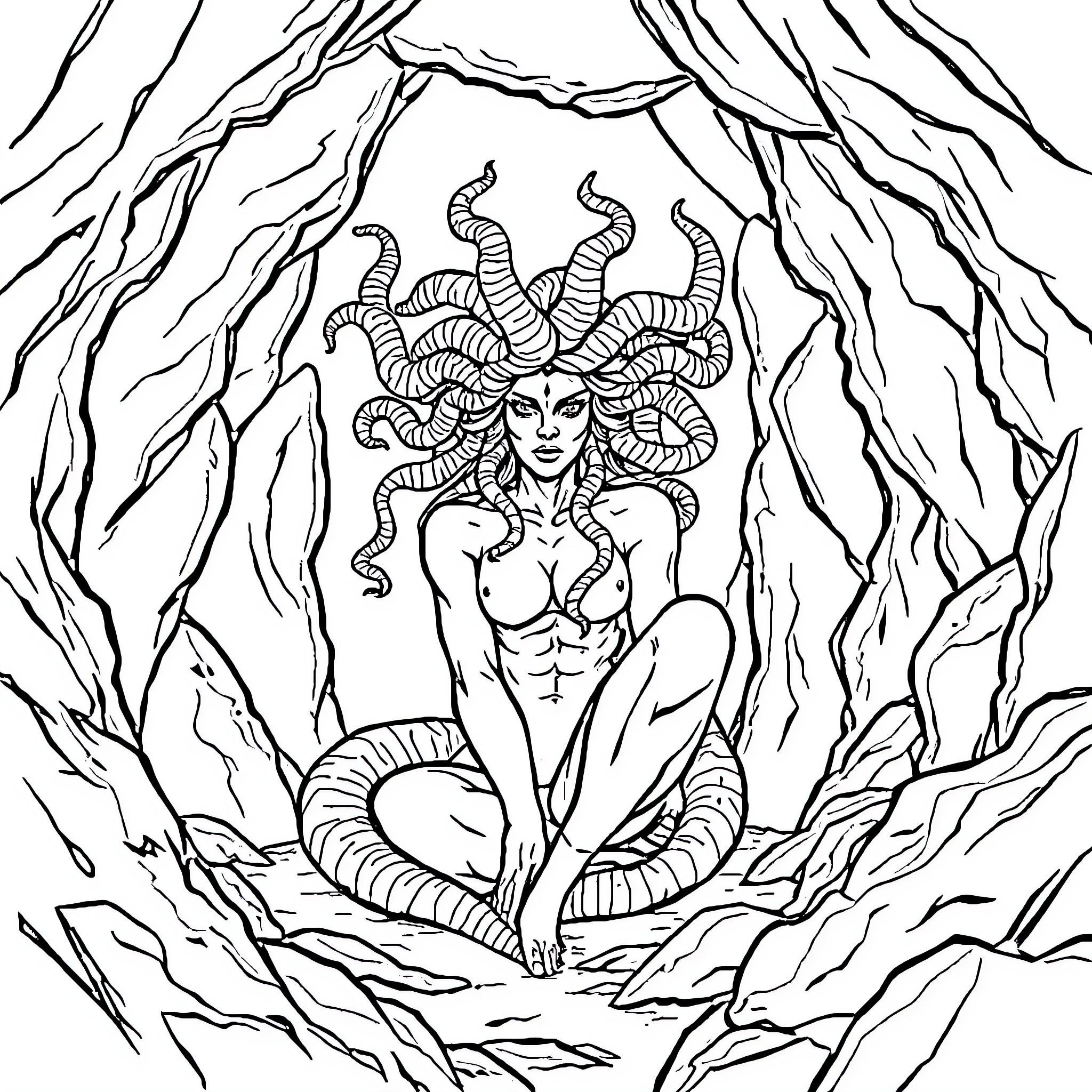 Medusa's Mystical Lair Coloring Page (free black-and-white line drawing printable PDF for all, from beginners to advanced learners, including children, teens, adults, and seniors)