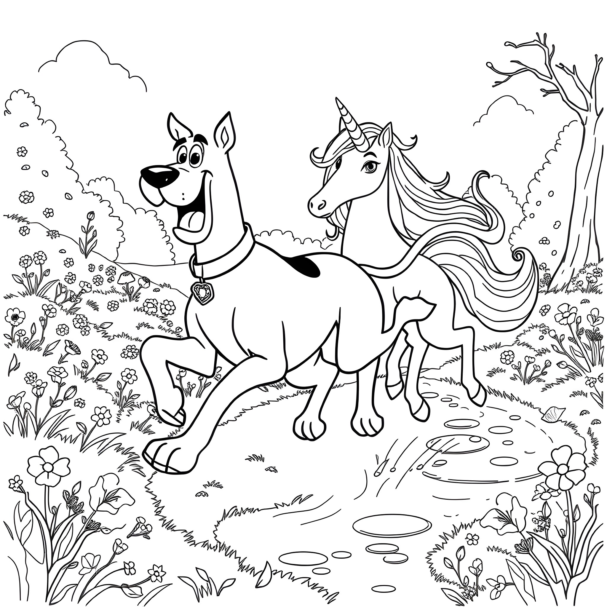 Scooby Doo and the Magical Unicorn Adventure Coloring Page (free black-and-white line drawing printable PDF for all, from beginners to advanced learners, including children, teens, adults, and seniors)