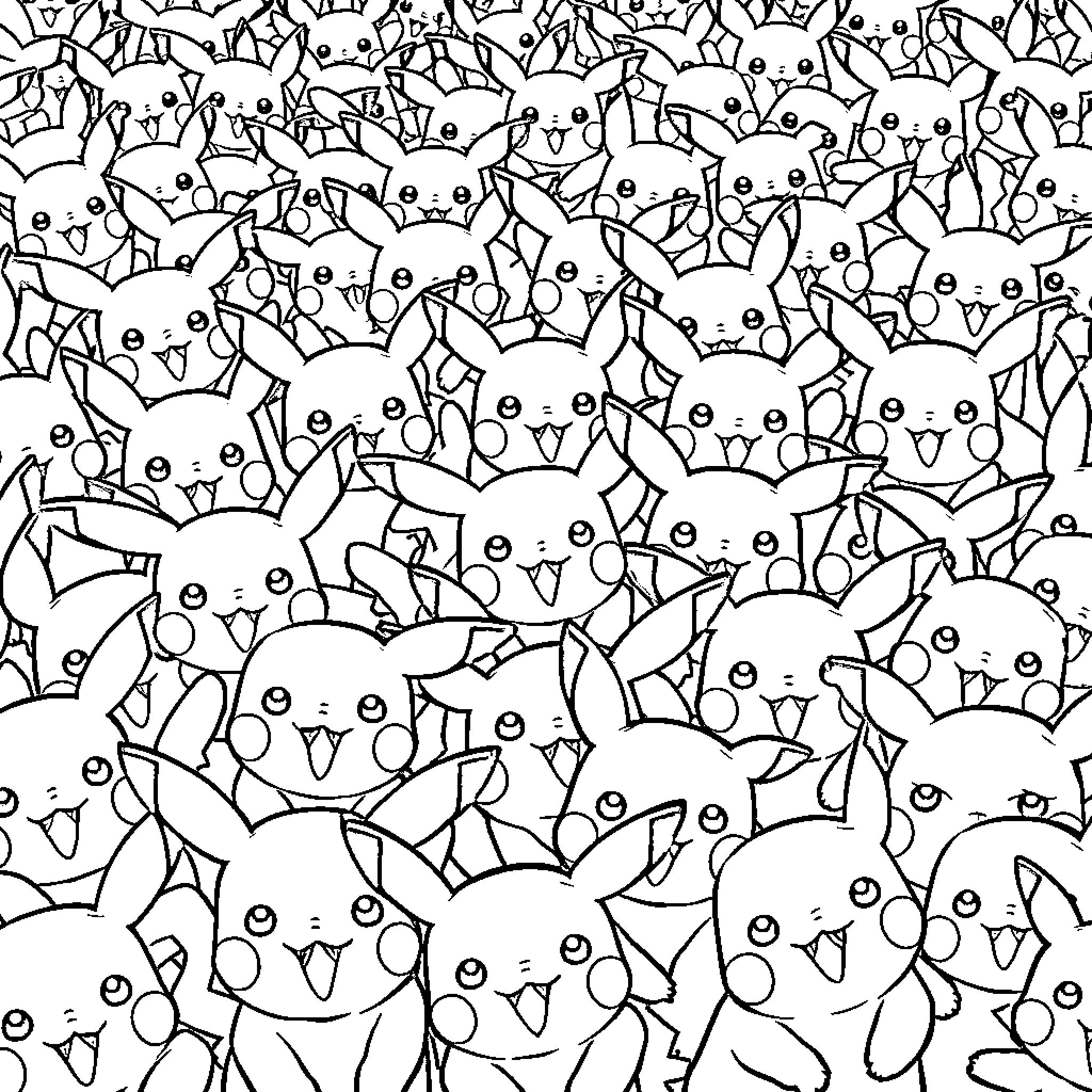 Pikachu in a Crowd of Pocket Monsters Coloring Page (free black-and-white line drawing printable PDF for all, from beginners to advanced learners, including children, teens, adults, and seniors)