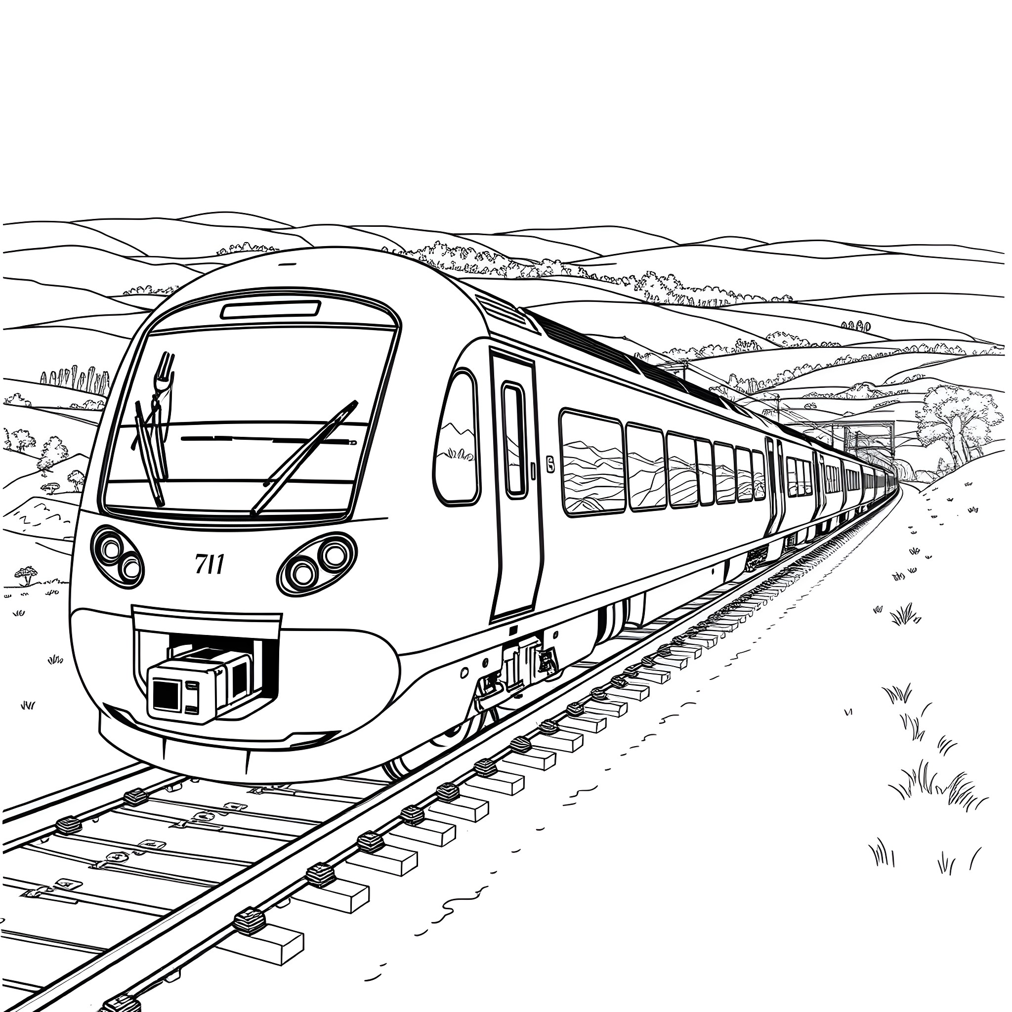GWR Class 800 train speeding through scenic countryside Coloring Page (free black-and-white line drawing printable PDF for all, from beginners to advanced learners, including children, teens, adults, and seniors)