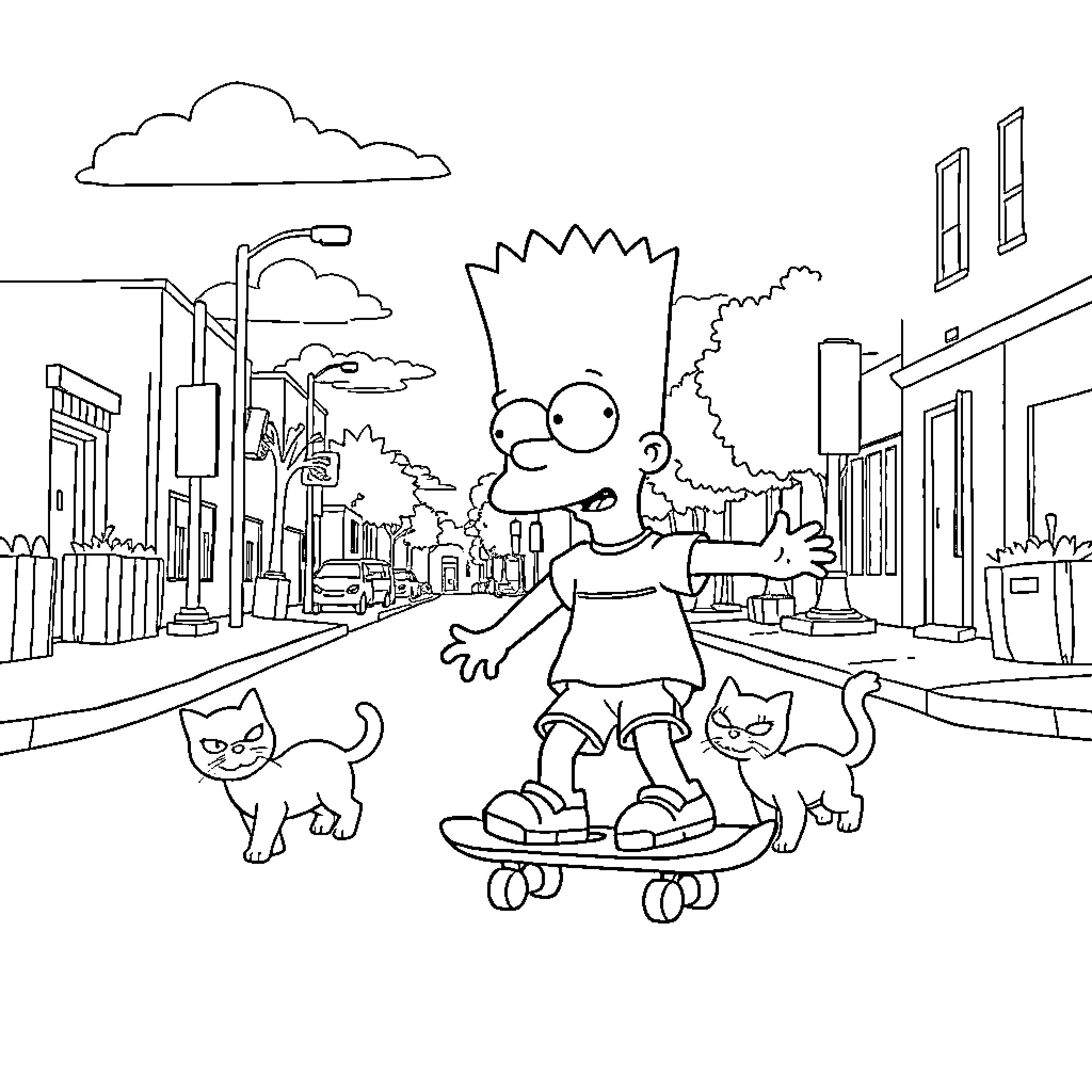 Bart Simpson skateboarding through the city with cats Coloring Page (free black-and-white line drawing printable PDF for all, from beginners to advanced learners, including children, teens, adults, and seniors)