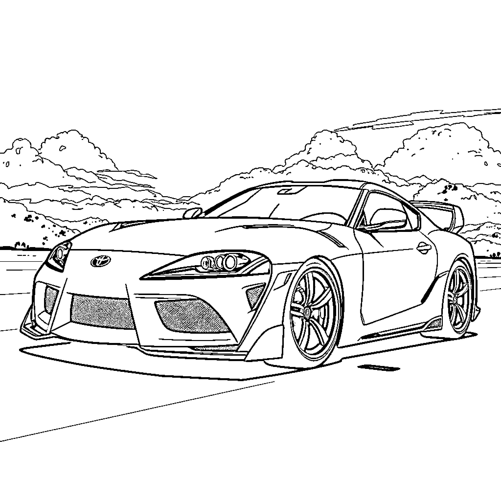 Toyota Supra sports car in action on the road Coloring Page (free black-and-white line drawing printable PDF for all, from beginners to advanced learners, including children, teens, adults, and seniors)