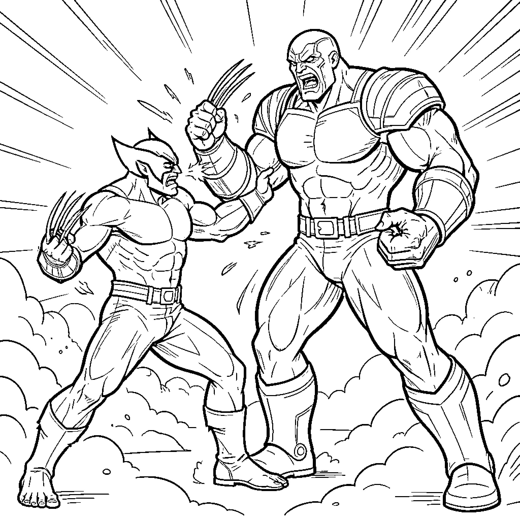 Wolverine fighting a massive muscular opponent in combat Coloring Page (free black-and-white line drawing printable PDF for all, from beginners to advanced learners, including children, teens, adults, and seniors)