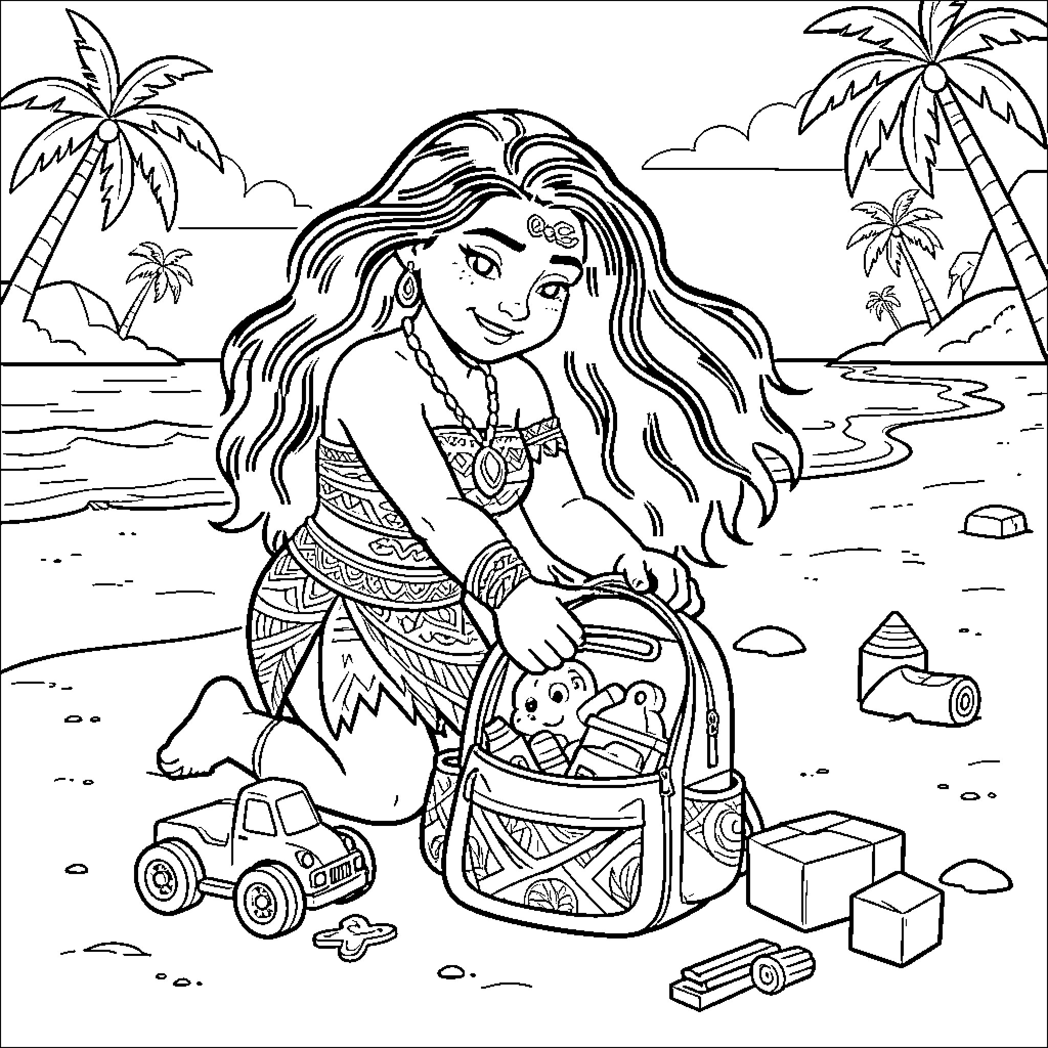 Moana playing with toys on the beach Coloring Page (free black-and-white line drawing printable PDF for all, from beginners to advanced learners, including children, teens, adults, and seniors)