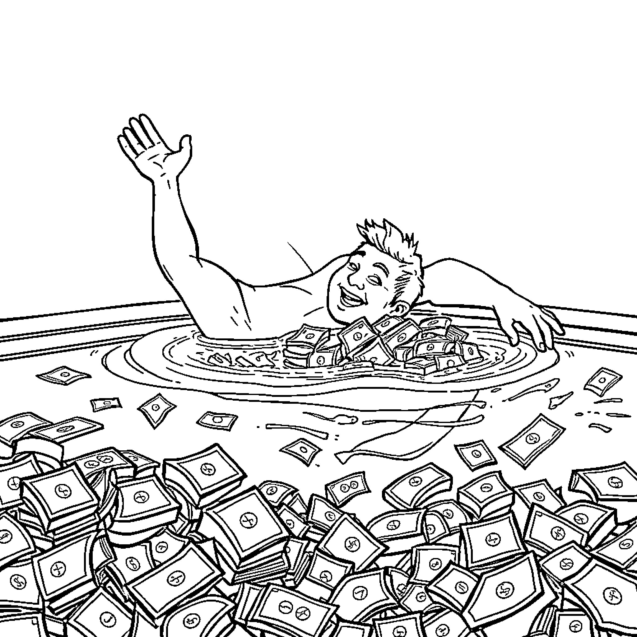 Adult swimming in a pool of dollar bills Coloring Page (free black-and-white line drawing printable PDF for all, from beginners to advanced learners, including children, teens, adults, and seniors)