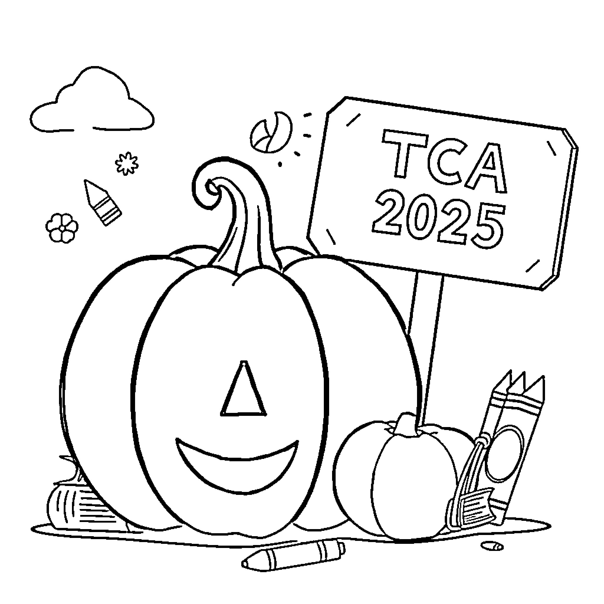 Pumpkin decorating scene for TCA 2025 Coloring Page (free black-and-white line drawing printable PDF for all, from beginners to advanced learners, including children, teens, adults, and seniors)