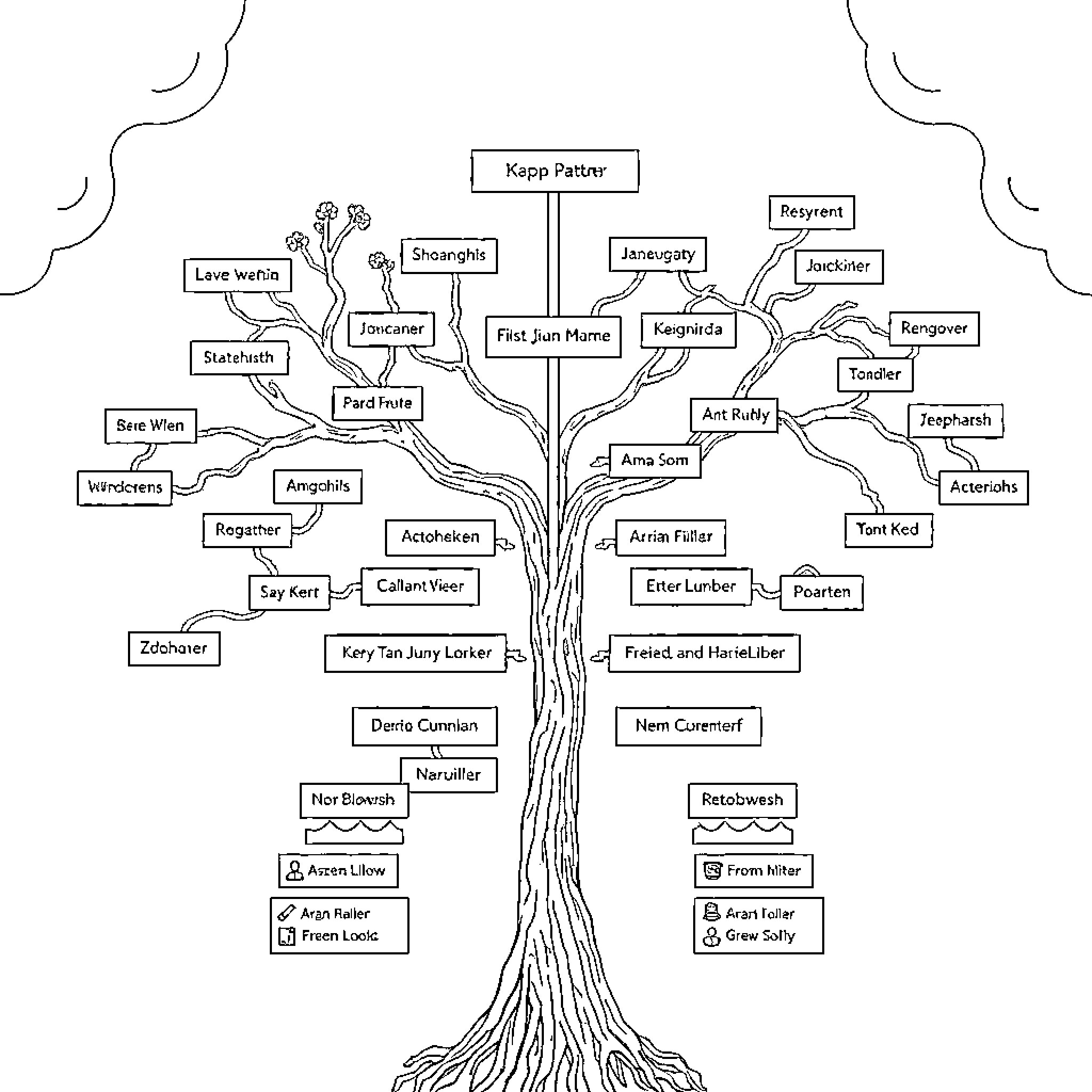 Family Tree of Diverse Branches and Connections Coloring Page (free black-and-white line drawing printable PDF for all, from beginners to advanced learners, including children, teens, adults, and seniors)