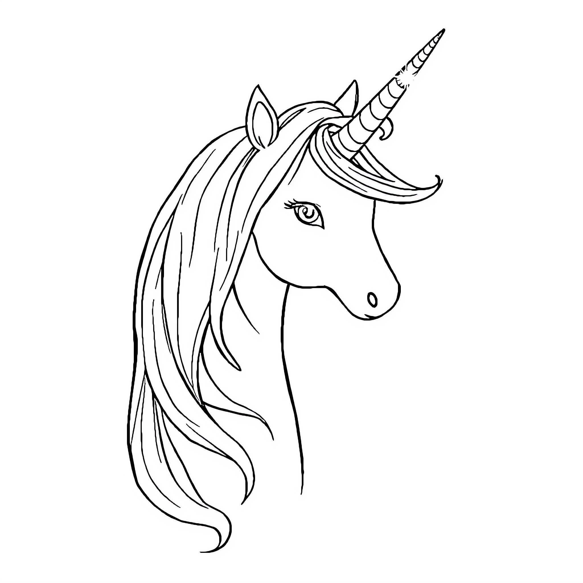 Unicorn with flowing mane and horn Coloring Page (free black-and-white line drawing printable PDF for all, from beginners to advanced learners, including children, teens, adults, and seniors)