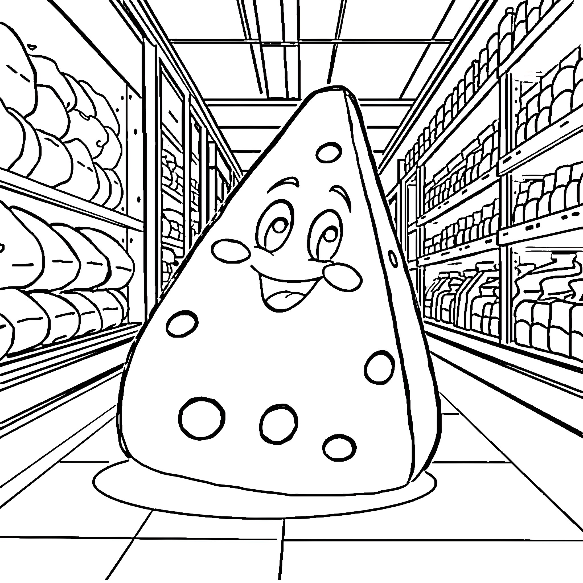 Cheese shopping happily in the grocery store Coloring Page (free black-and-white line drawing printable PDF for all, from beginners to advanced learners, including children, teens, adults, and seniors)