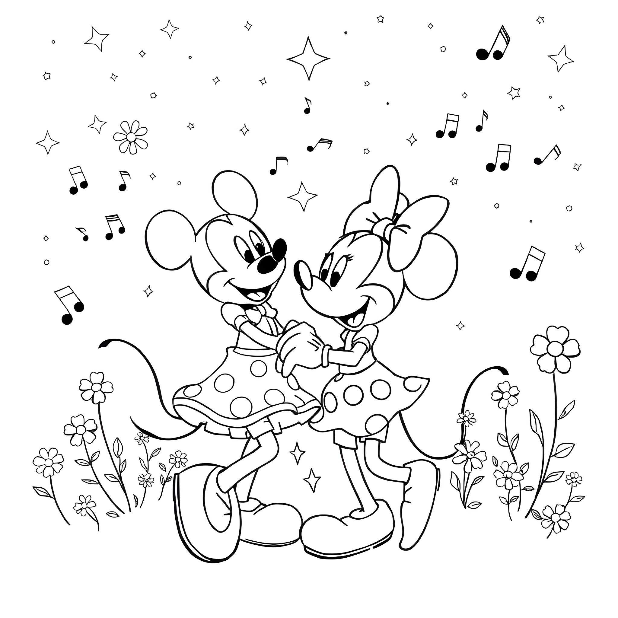 Mickey Mouse and Minnie Mouse dancing happily together Coloring Page (free black-and-white line drawing printable PDF for all, from beginners to advanced learners, including children, teens, adults, and seniors)