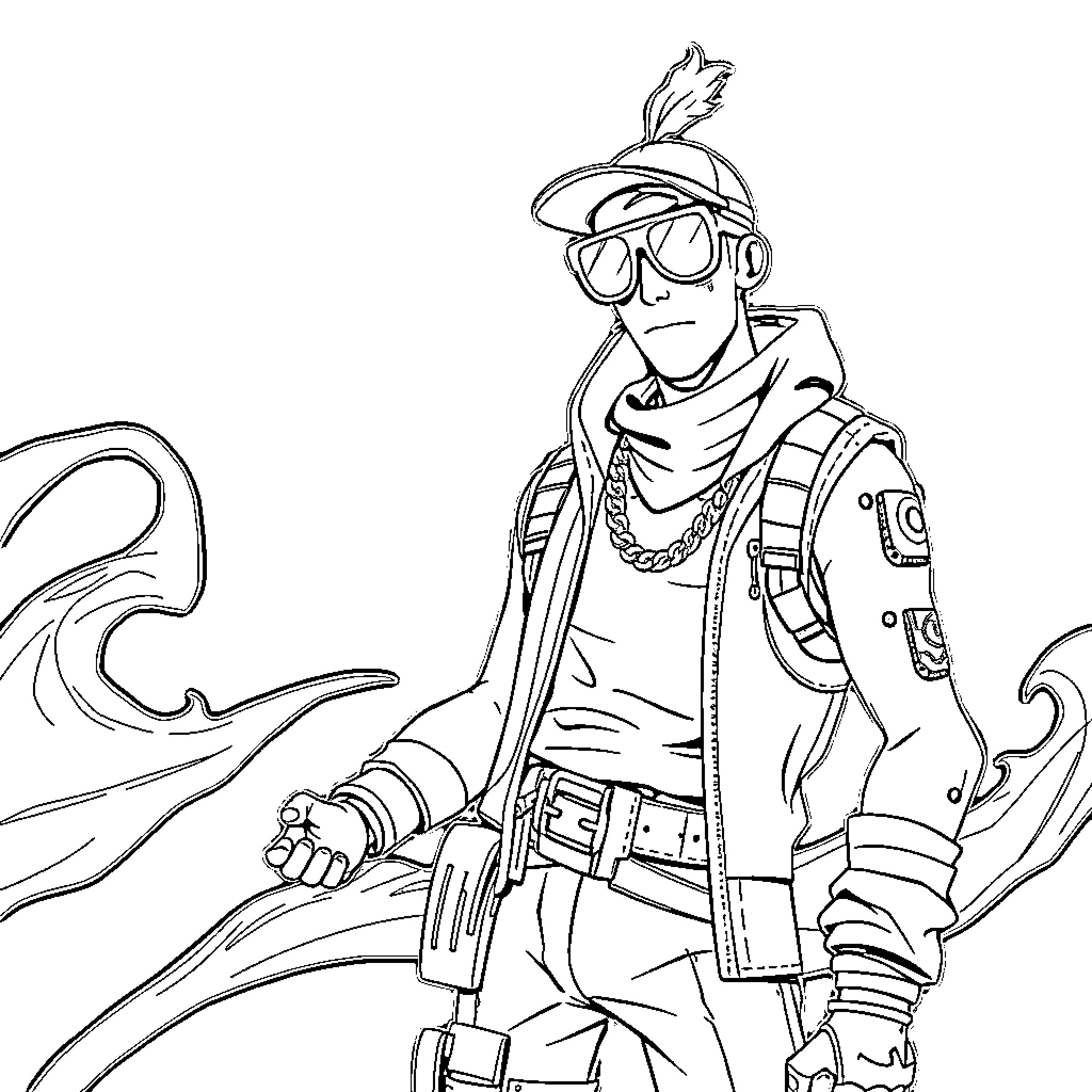 Fortnite character in action pose with accessories Coloring Page (free black-and-white line drawing printable PDF for all, from beginners to advanced learners, including children, teens, adults, and seniors)