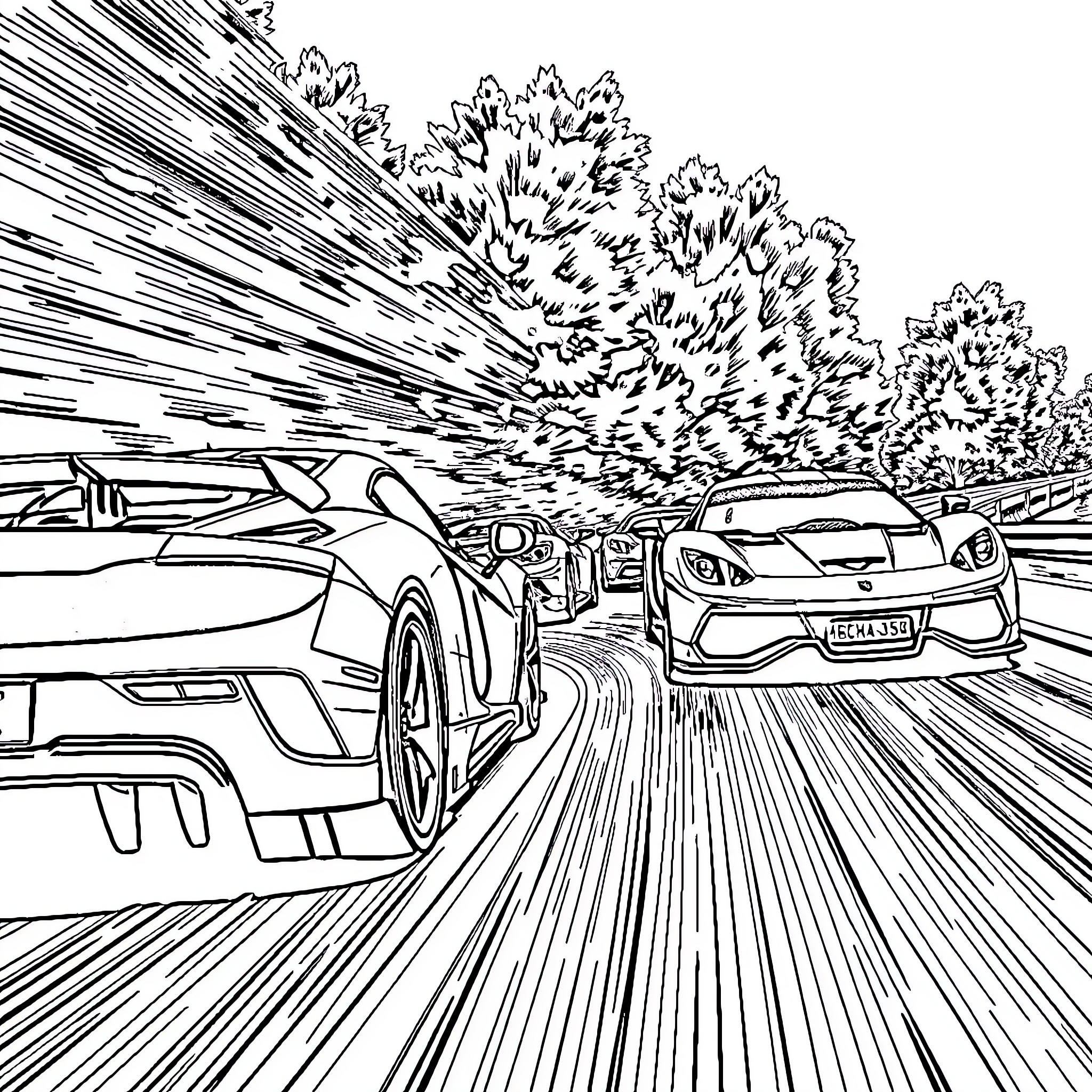 Supercars racing down the road Coloring Page (free black-and-white line drawing printable PDF for all, from beginners to advanced learners, including children, teens, adults, and seniors)