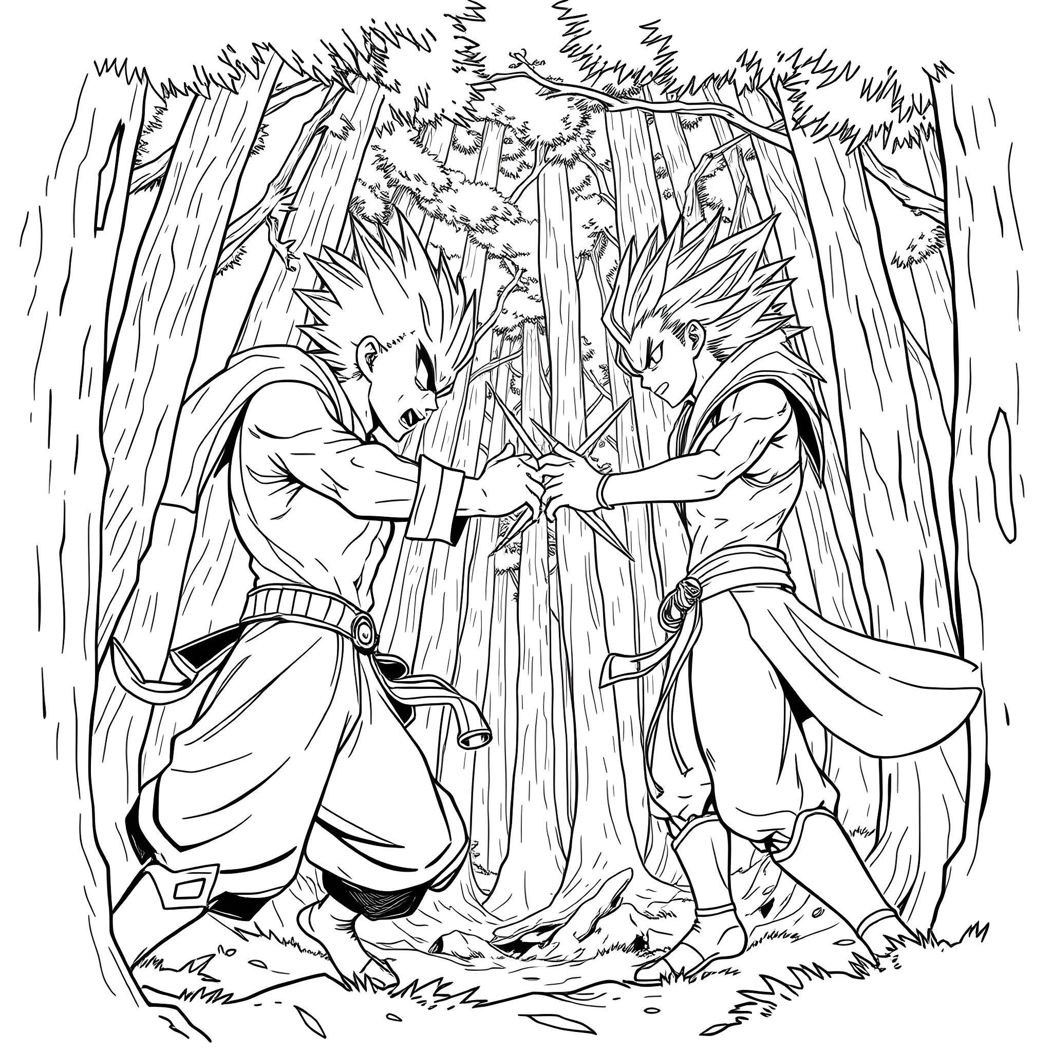 Gon's epic battle in the mystical forest Coloring Page (free black-and-white line drawing printable PDF for all, from beginners to advanced learners, including children, teens, adults, and seniors)