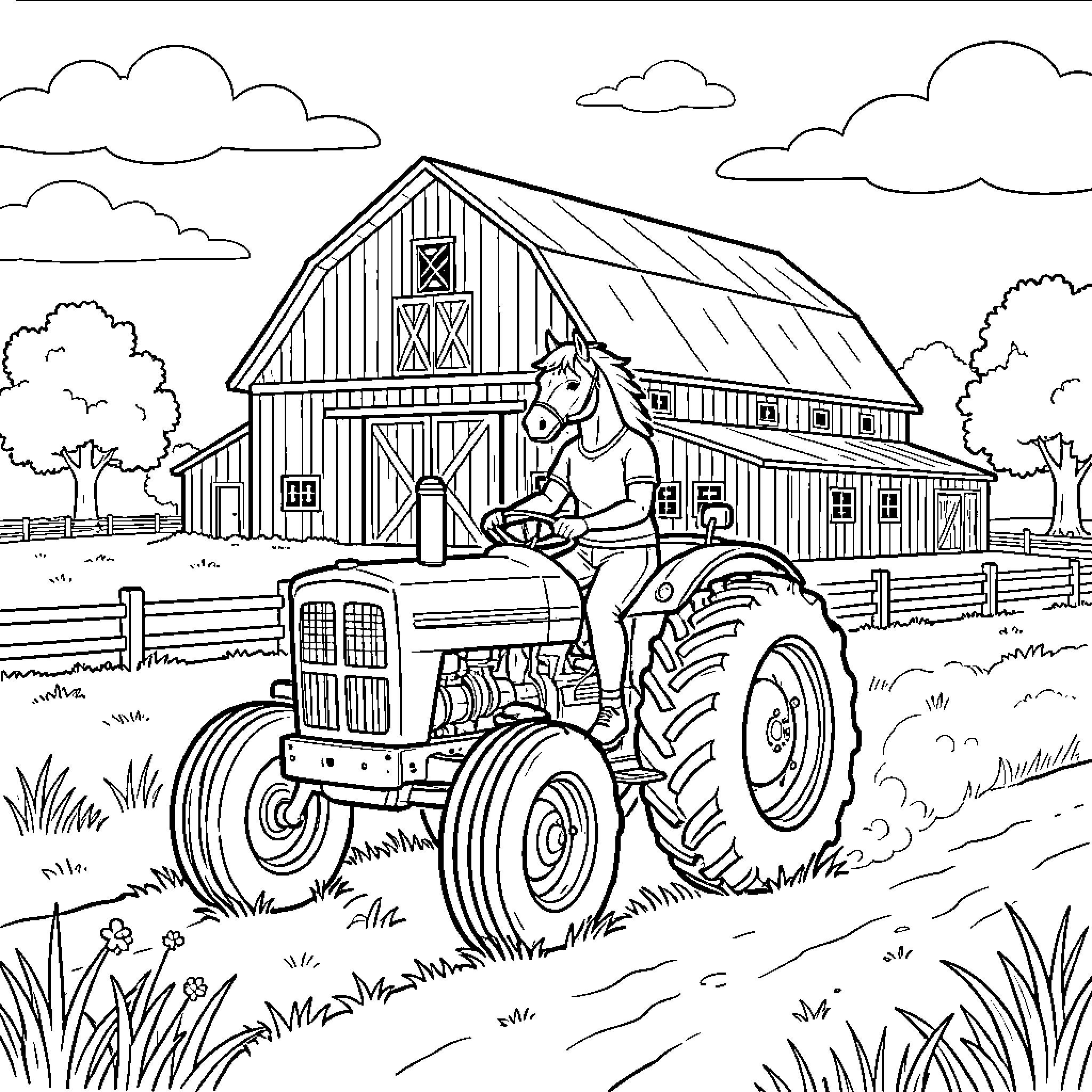 Horse driving a tractor in front of a barn Coloring Page (free black-and-white line drawing printable PDF for all, from beginners to advanced learners, including children, teens, adults, and seniors)