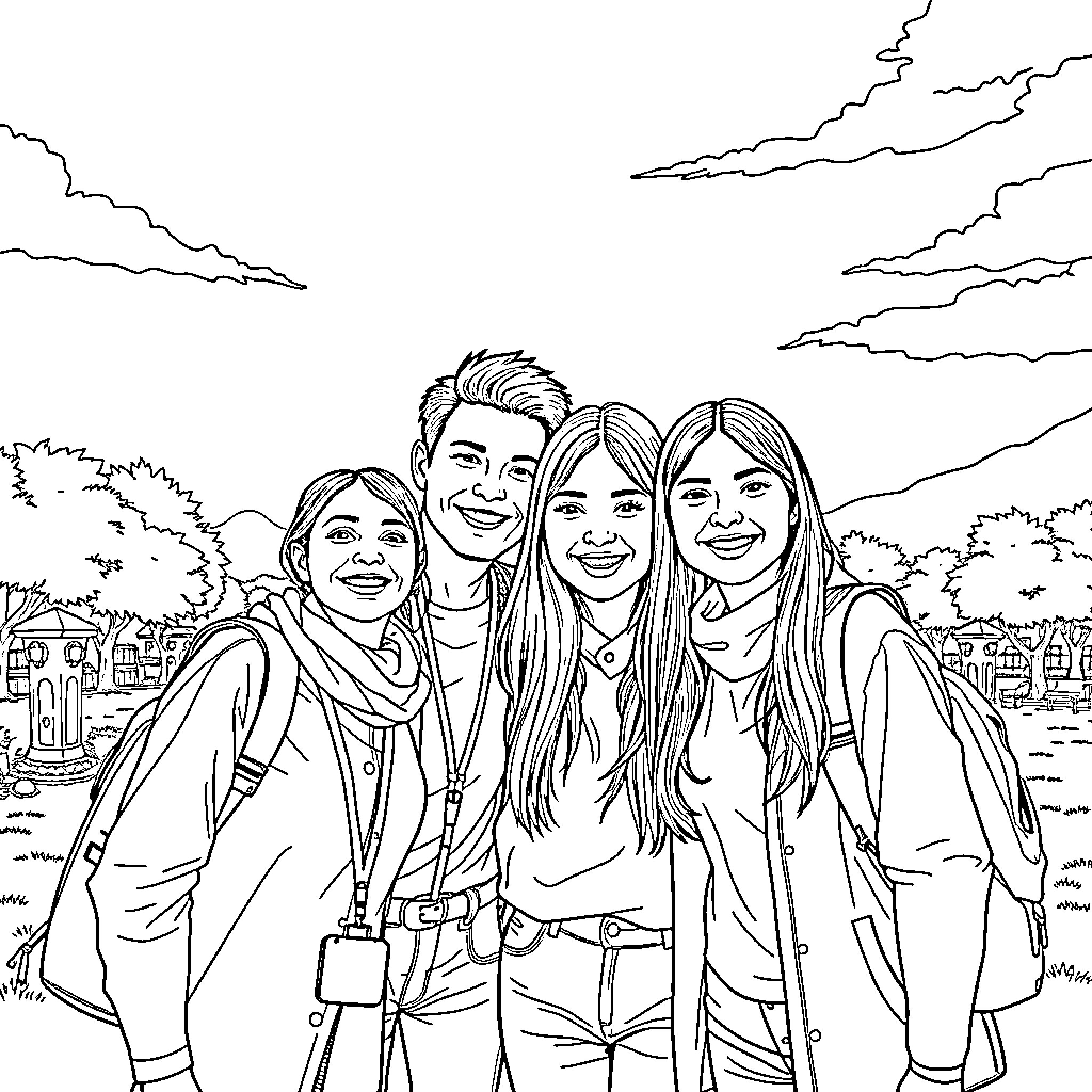 Katseye: Group of friends enjoying outdoor adventure Coloring Page (free black-and-white line drawing printable PDF for all, from beginners to advanced learners, including children, teens, adults, and seniors)