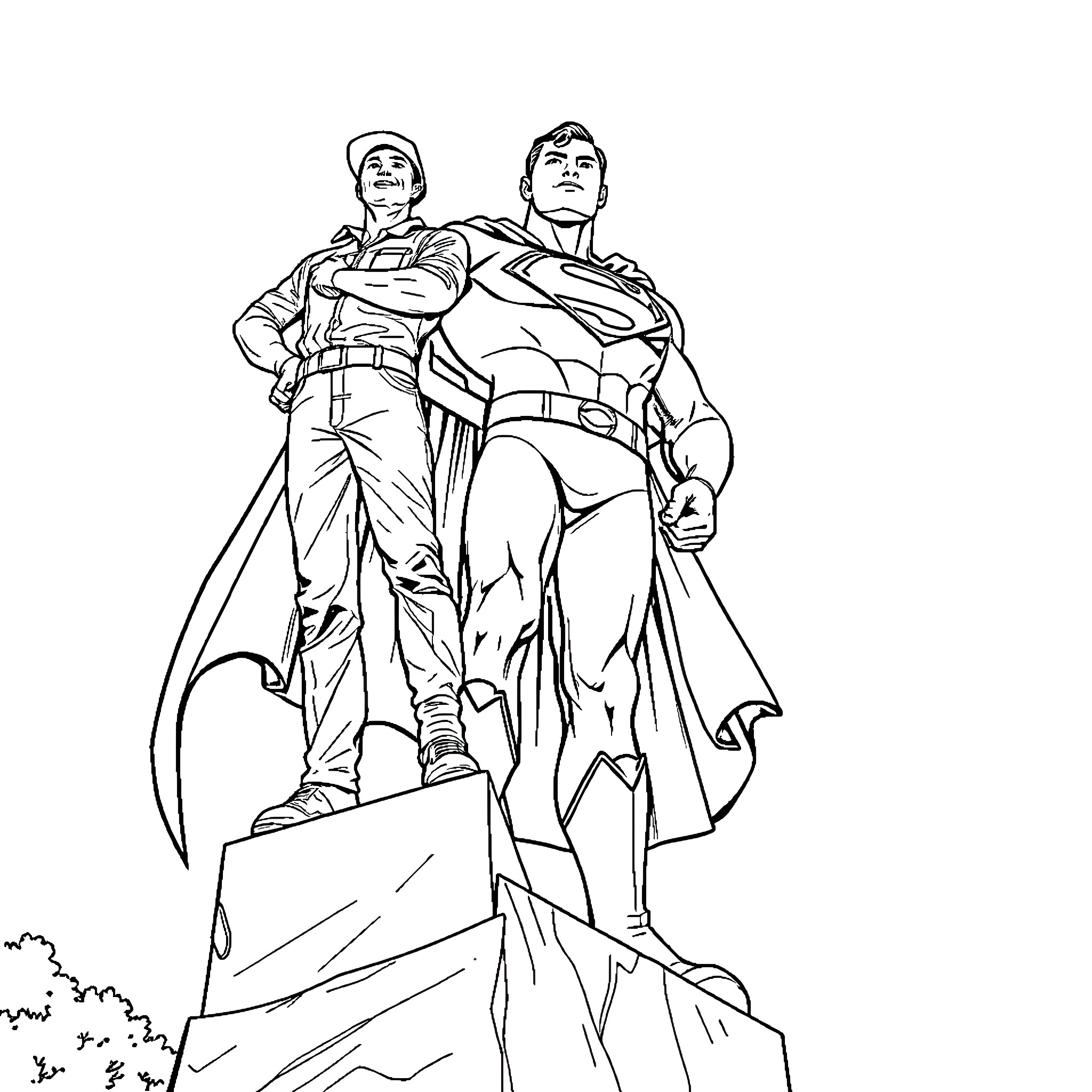 Pipefitter superheroes standing triumphantly Coloring Page (free black-and-white line drawing printable PDF for all, from beginners to advanced learners, including children, teens, adults, and seniors)