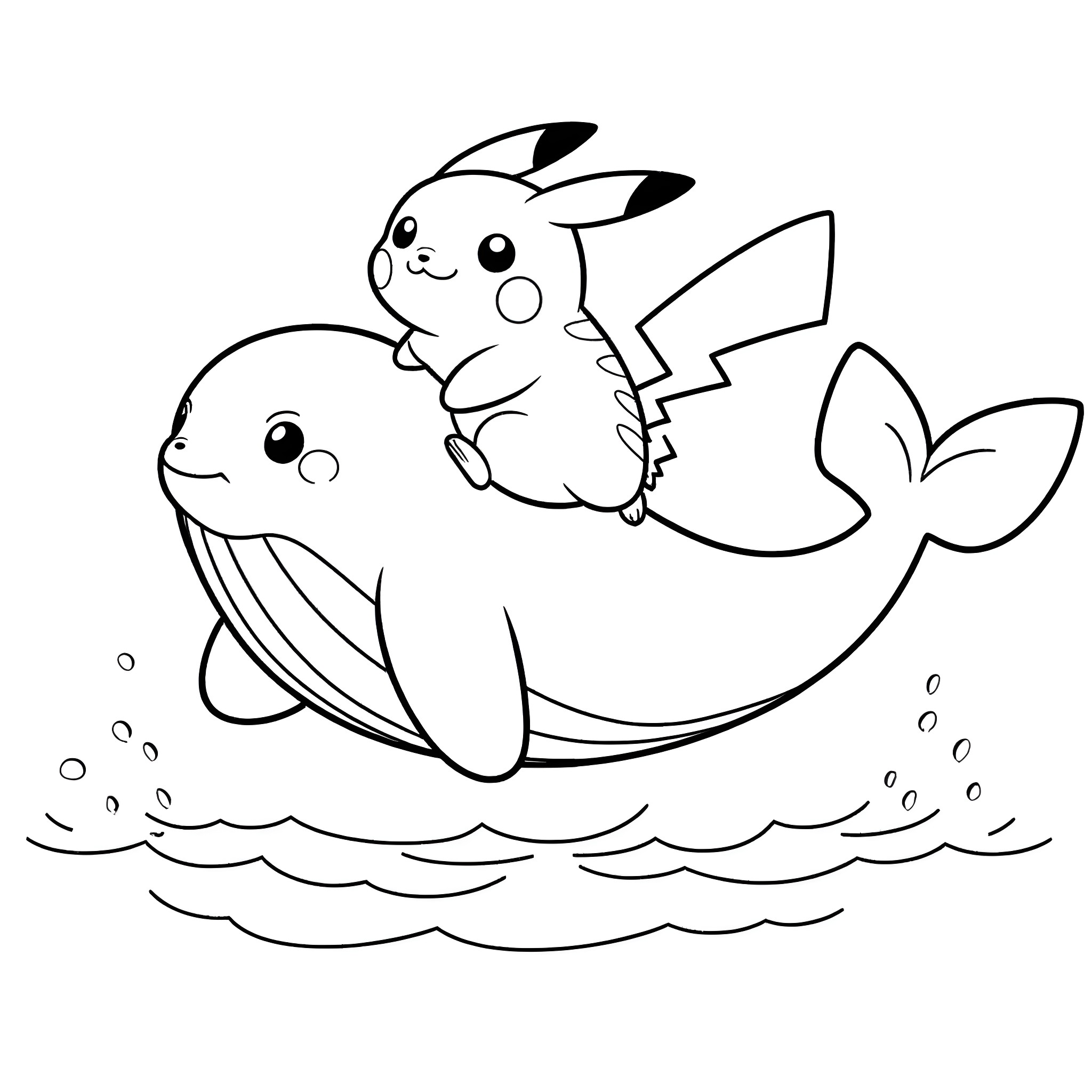 Pikachu riding a friendly whale in the ocean Coloring Page (free black-and-white line drawing printable PDF for all, from beginners to advanced learners, including children, teens, adults, and seniors)