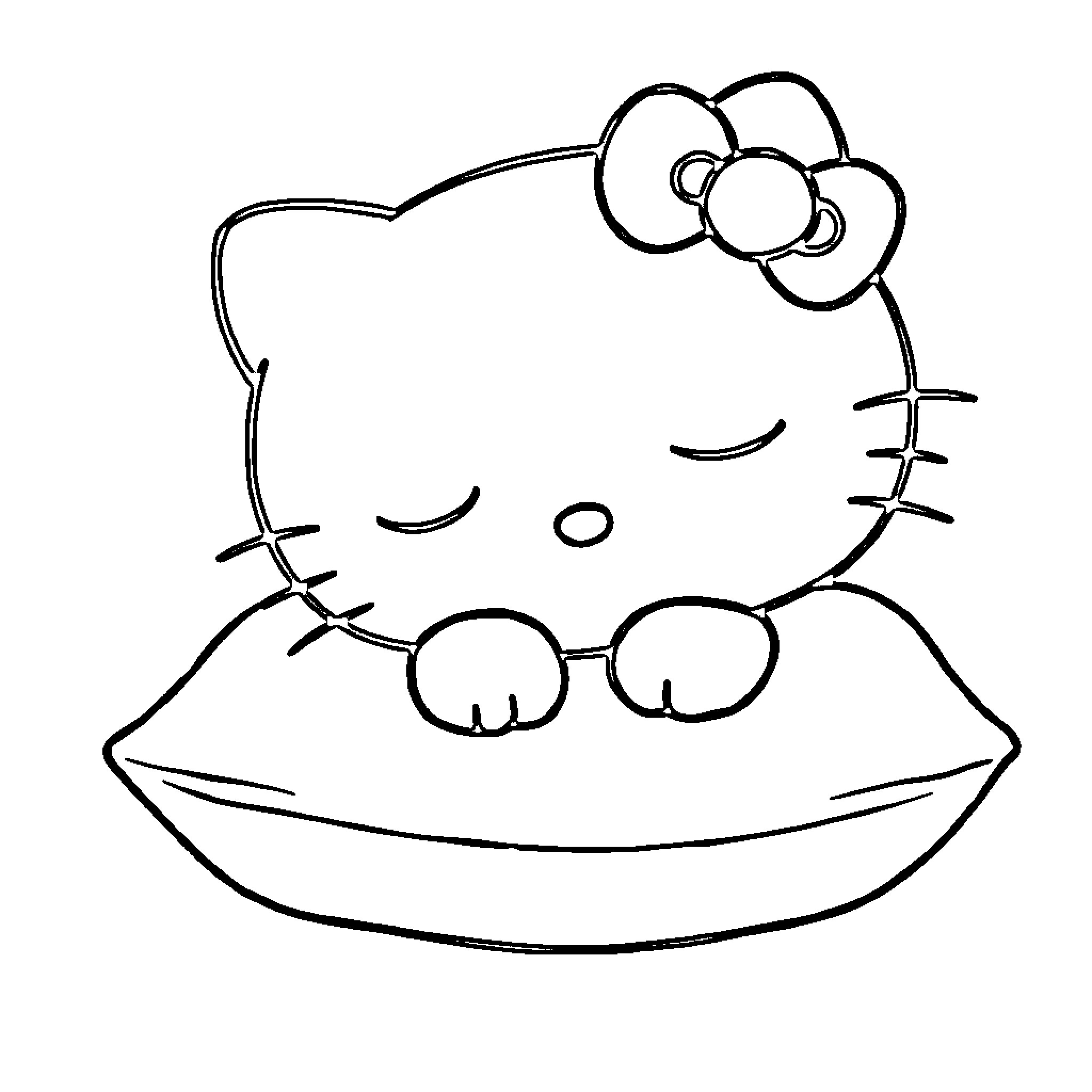 Hello Kitty sleeping in a bowl Coloring Page (free black-and-white line drawing printable PDF for all, from beginners to advanced learners, including children, teens, adults, and seniors)