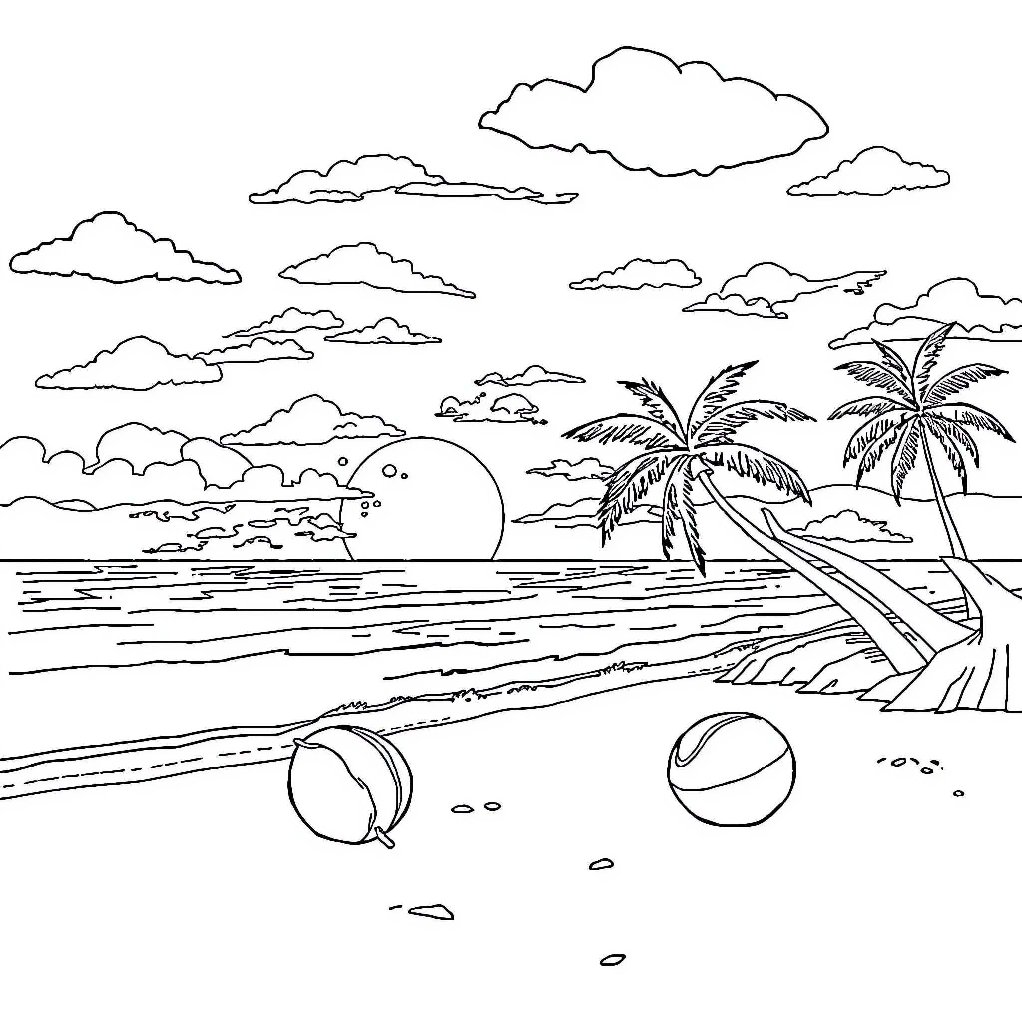 Sunset by the tropical beach Coloring Page (free black-and-white line drawing printable PDF for all, from beginners to advanced learners, including children, teens, adults, and seniors)