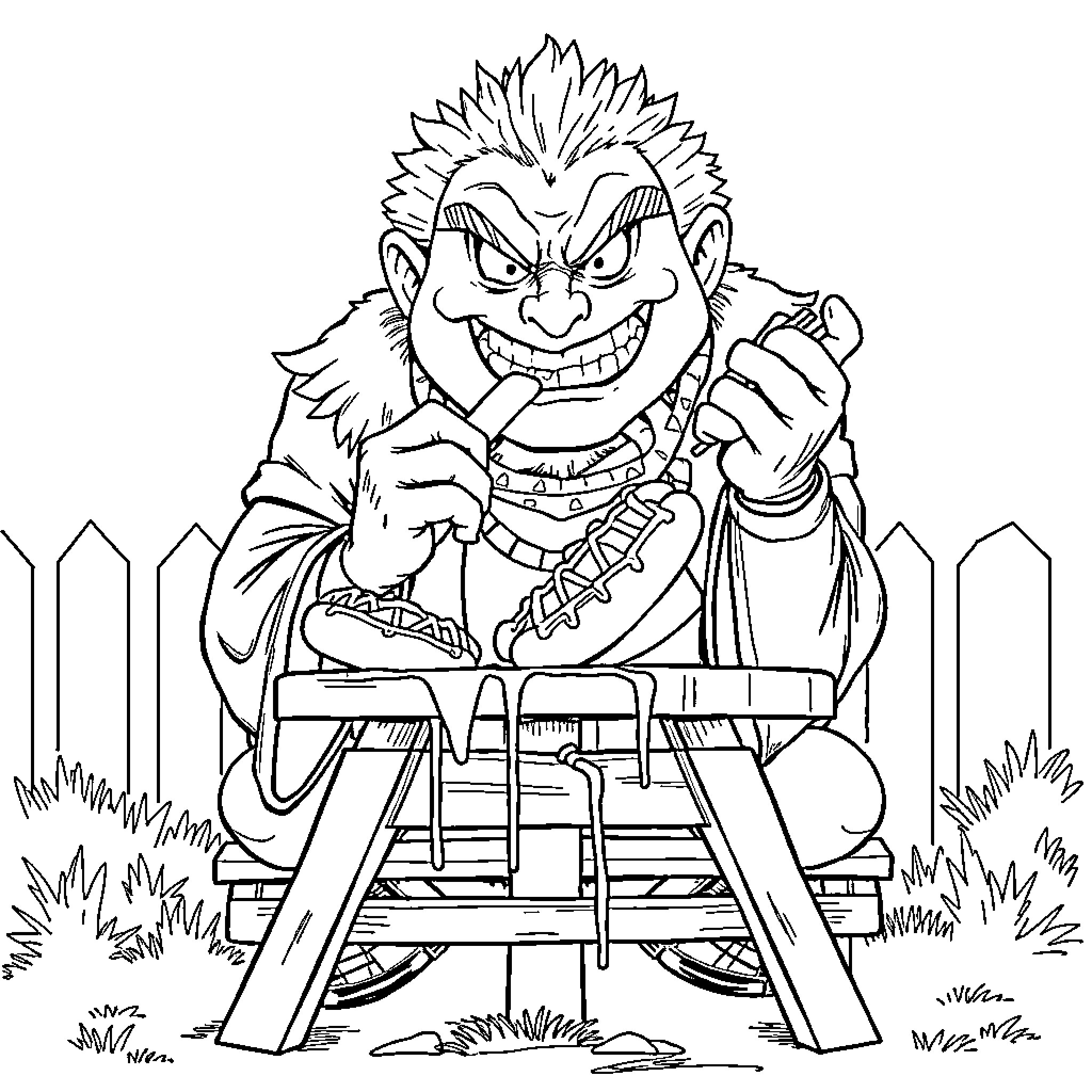 Ryomen Sukuna sitting menacingly on a picnic bench Coloring Page (free black-and-white line drawing printable PDF for all, from beginners to advanced learners, including children, teens, adults, and seniors)